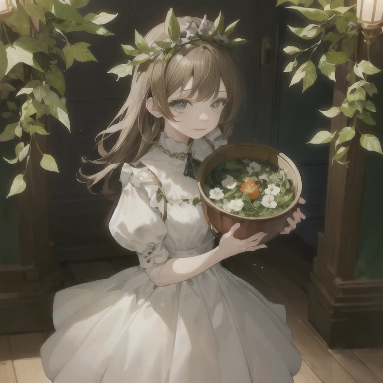 anime girl in white dress holding a bowl of food in front of a door, anime visual of a cute girl, official art, kawacy, cute anime waifu in a nice dress, guweiz on pixiv artstation, high detailed official artwork, official artwork, rin, splash art anime , a maid in a magical forest