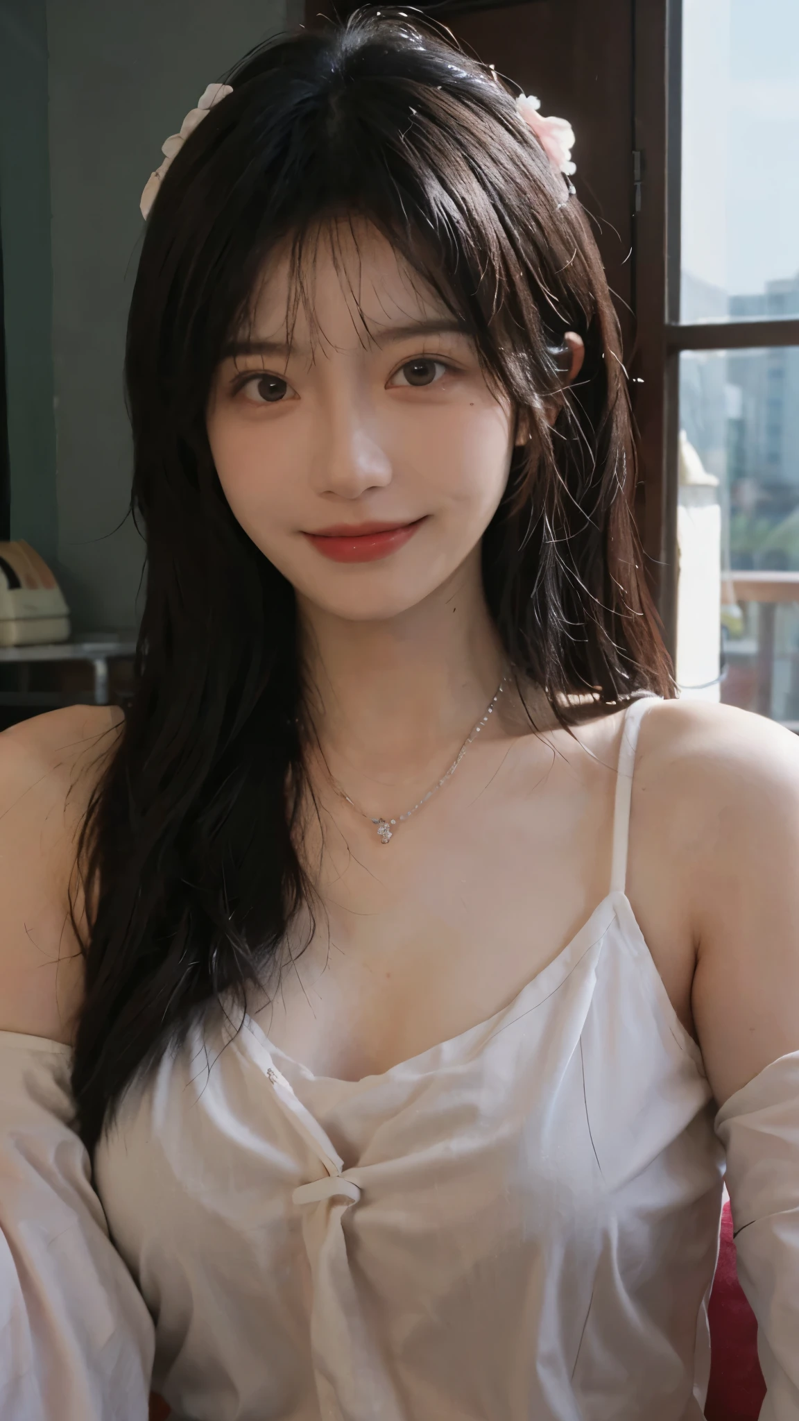 best quality, ultra high resolution, (realistically:1.4),cute hairpin,Baoyu Girl,European style apartment,A pair of clear and charming peach blossom eyes,Royal sister,The sun shines on the face,big breasts,Big wavy hairstyle,(necklace:1.2),(White skin:1.4),a sense of atmosphere,a beautiful girl, Smile,looking directly at the viewer, (lifelike:1.4),1 girl,Sexy,(Upper body:1.4),(wet),(:1.2)