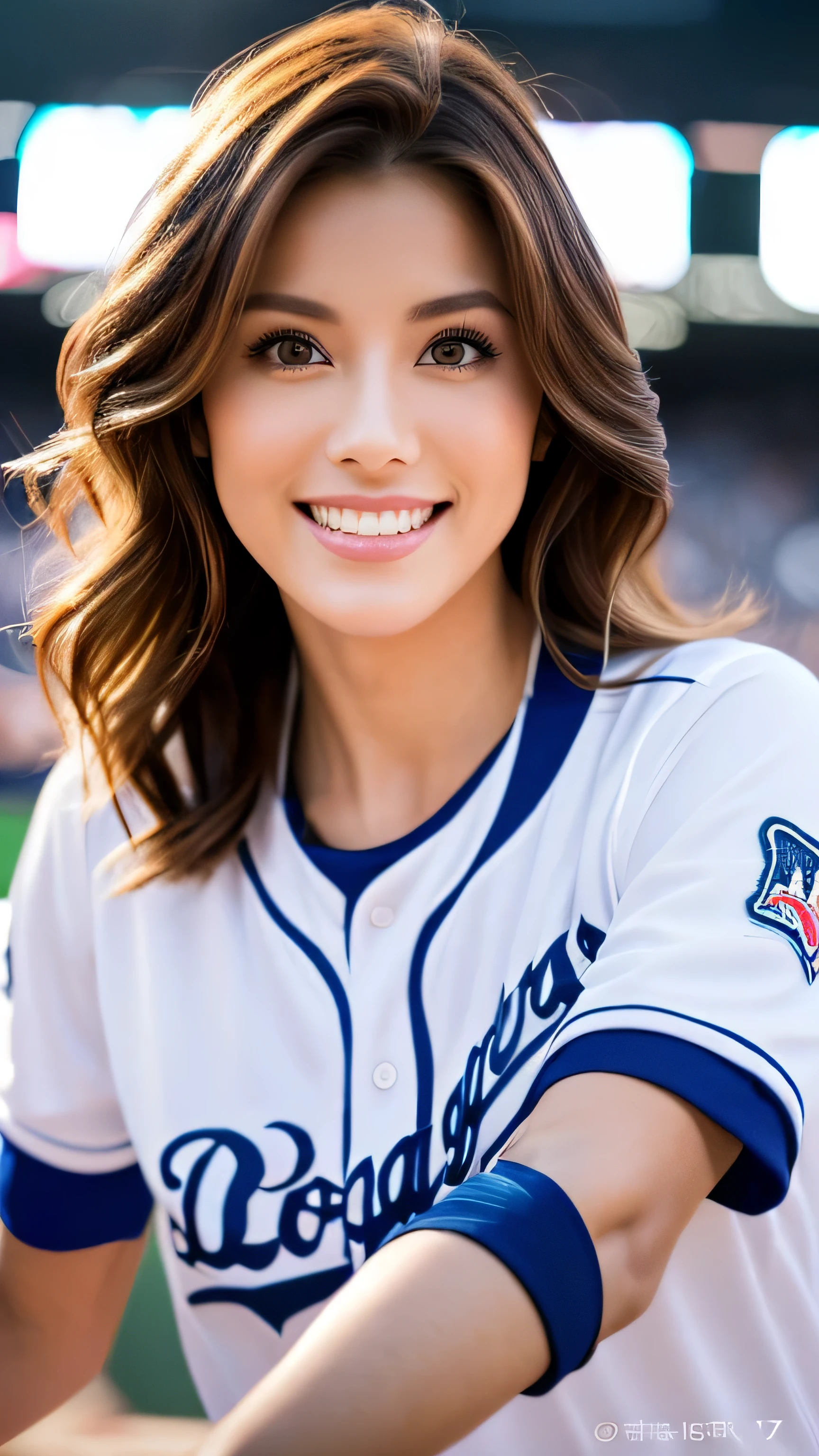Movie-like dynamic photos,(Ultra realistic, High resolution), (highly detailed eyes, highly detailed hair, highly detailed face, Highly detailed plump lips,perfect anatomy),(highest quality:1.4), Raw photo, (realistic, photo-realistic:1.37), professional photography, cinematic light, (detailed face: 1.2),look at the audience, brunette woman,slim(,Beautiful leg lines )(famous japanese actress:1.2),highly detailed skin, very fine fingers, highly detailed nose, highly detailed mouth,highly detailed background,Raw photo,Smile,Beautiful woman,baseball uniform,Los Angeles Dodgers uniform,baseball Ground,((baseball Ground,Number 17))