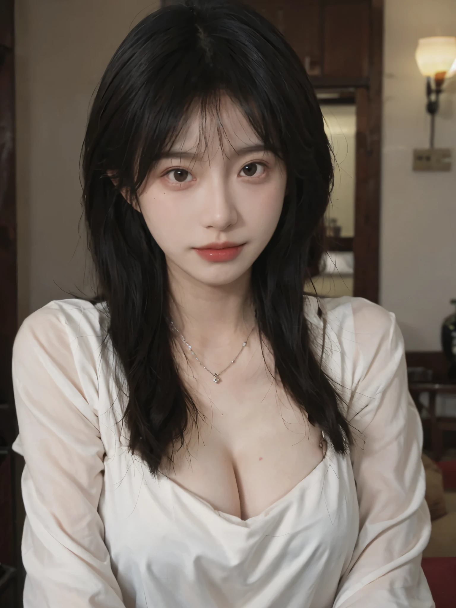 best quality, ultra high resolution, (realistically:1.4),cute hairpin,Baoyu Girl,Standing in the wedding hall,(flat chest:1.2) ,A pair of clear and charming peach blossom eyes,Royal sister,The sun shines on the face,Big wavy hairstyle,(necklace:1.2),(White skin:1.4),a sense of atmosphere,a beautiful girl,looking directly at the viewer, Close-up cleavage ,(lifelike:1.4),1 girl,Sexy,(Upper body:1.4),(wet),(:1.2)