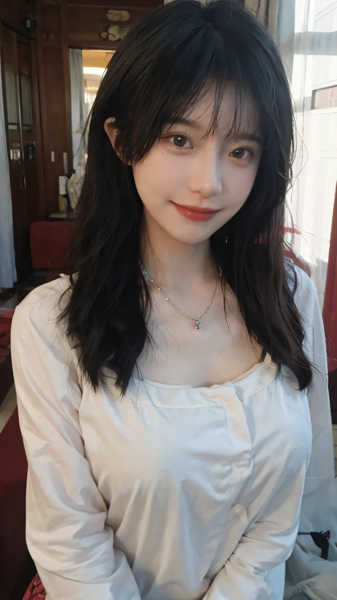 best quality, ultra high resolution, (realistically:1.4),cute hairpin,Baoyu Girl,European style apartment,A pair of clear and charming peach blossom eyes,Royal sister,The sun shines on the face,big breasts,Big wavy hairstyle,(necklace:1.2),(White skin:1.4),a sense of atmosphere,a beautiful girl, Smile,looking directly at the viewer, (lifelike:1.4),1 girl,Sexy,(Upper body:1.4),(wet),(:1.2)