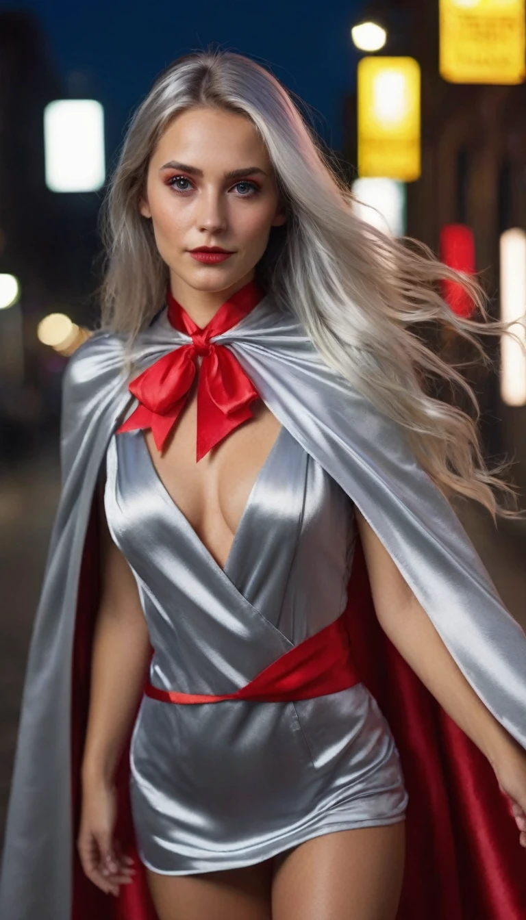 (RAW Photo) , (highly detailed:1.20) , ultra realistic :1.10) , gorgeous girl in her 20s , (perfect face:1.20) , (detailed red eyes:1.20) , with long silver hair in ponytail , (((long silver satin cape tied at the neck with a ribbon :1.20))) , silver minidress  , full body, walking down street at night , high-quality ultra realistic style, detailed eyes, professional, expressive , 8K , highly detailed , professional,