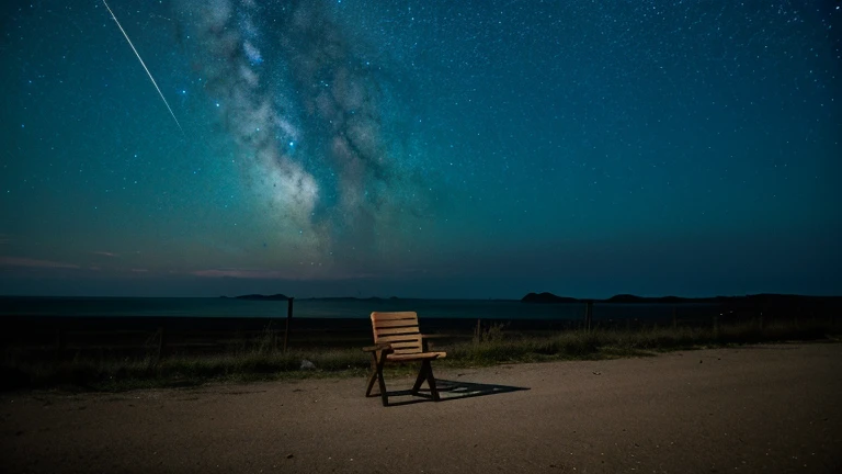 Night sky full of stars, deserted landscape, shooting star, chair in the distance
