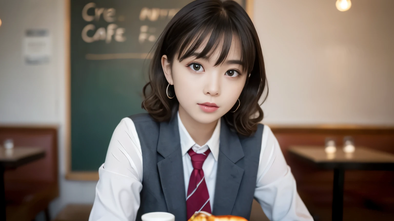 8K, highest quality, real image, intricate details, Super detailed, ultra high resolution, depth field,(realistic,realistic:1.2),table top , front shot , Photographed at a stylish cafe , girl, とても美しい17歳のgirl, innocent big eyes,、beautiful breasts:1.5、highly detailed eyes:1.2)、wavy hair、curly hair、bangs、, perfect skin, Fair skin, tight waist, light blush, look at the viewer,((School_uniform),(blazer), (white shirt、wear a tie), (gray pleated skirt), (sculpture installation :1.1), urban cafe space, Customers enjoying cafe around