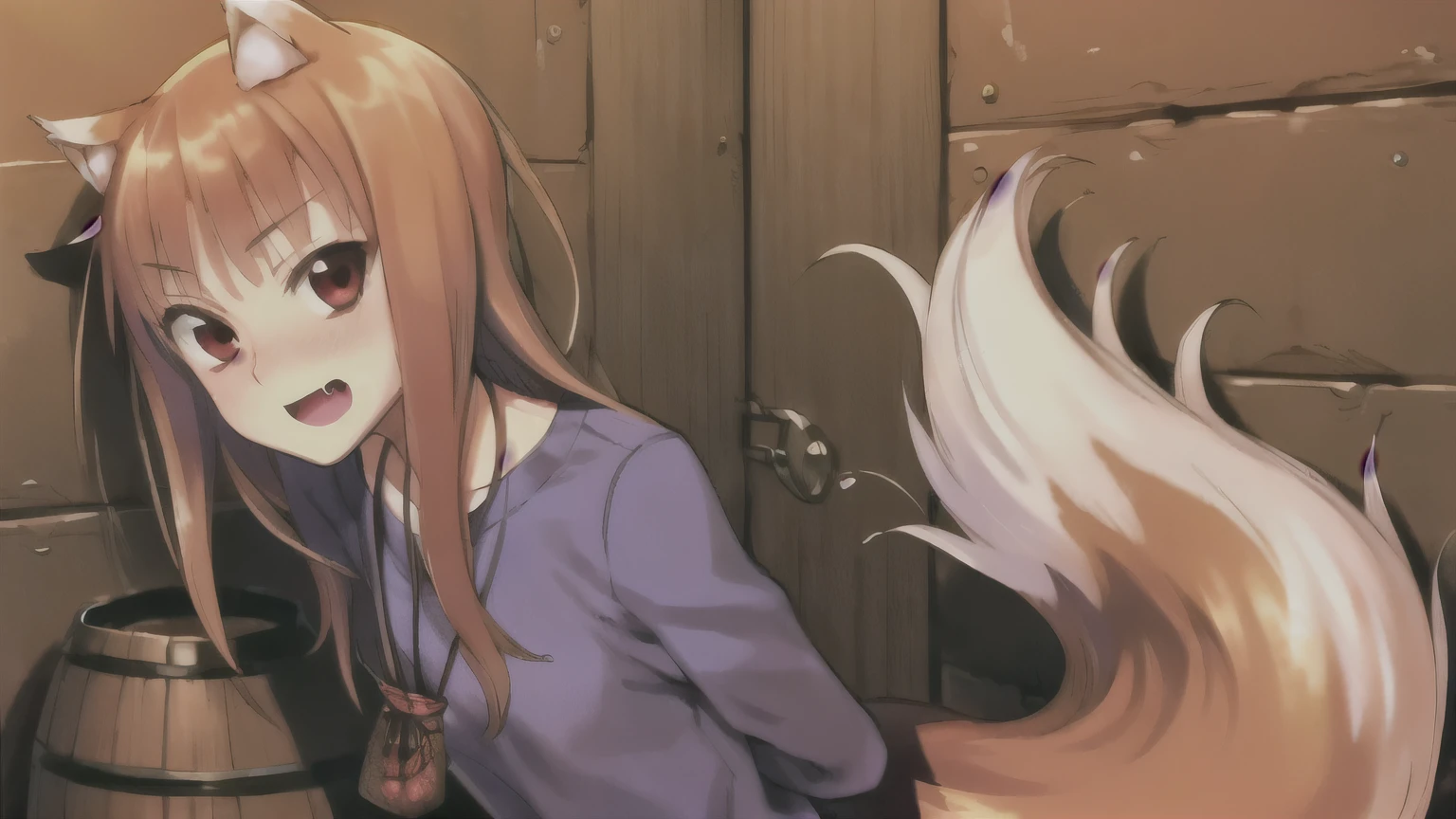 be upset, best quality, masterpiece, novel illustration,(spice and wolf), (((holo))), (spicytail), (koume keito:1), (ayakura juu:1), (kawakami rokkaku:1), looking at viewer, wolf_ears, wolf_girl, wolf_tail, holo, animal_ears, 1girl, long_hair, brown_hair, purple_shirt, solo, brick_wall, blush, pouch, fang, red_eyes, open_mouth, barrel, arms behind back, from front,