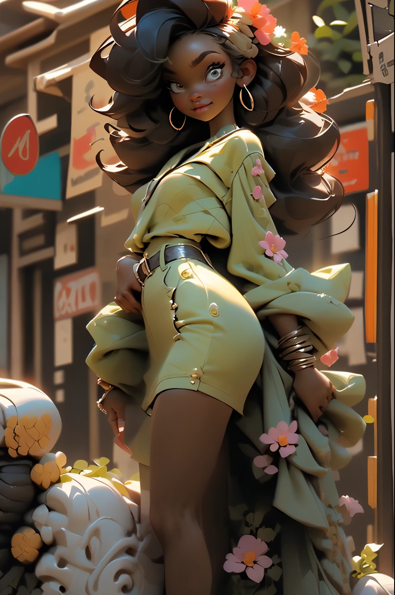 (photo from the front, dynamic and sensual pose), ((1 beautiful young African-American girl with dark and beautiful skin, black hair, anime style hairstyle, Animagine XL style clothes: 1.5)), dynamic pose shopping on a busy street, (Hyper detailed: 1.3), ((evening light: 1.3)), ((Imaginative scene)), ((long shot: 1.4)),((Best quality)), ((work master)), 3d, (( (sunset:1.2))), ((Front camera)), 32k .