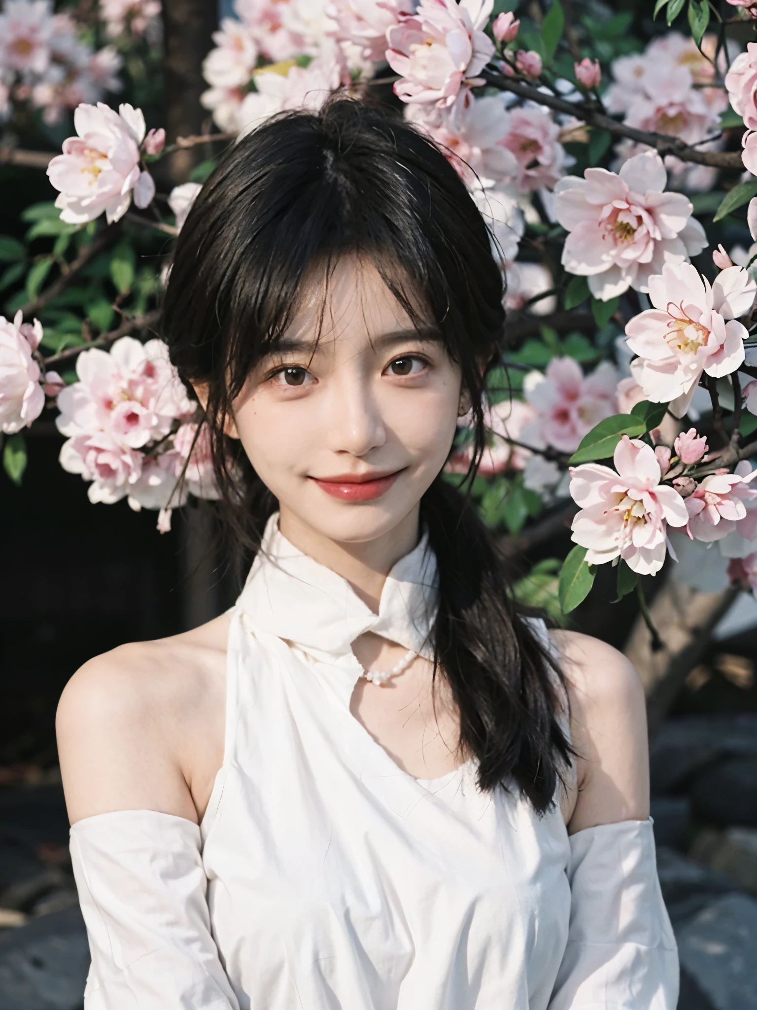 Film portrait photography, 2 girls, 2 Bare Shoulders,lipstick,(flat chest:1.4), Double tail, wear necklace,scarf,earrings,short sleeves,serene, calm, (Realistic and detailed eyes, natural skin texture, Realistic facial details), Soft dramatic lighting, depth of field, Bokeh,cherry blossom grove,Smile, Vibrant details, Detailed and detailed, surreal, 35mm film, hazy, whole body,