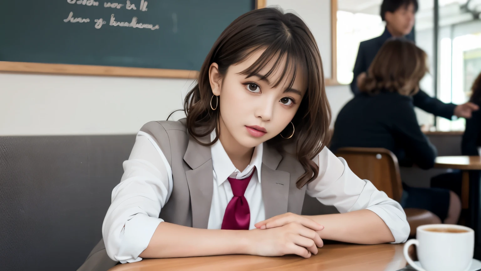 8K, highest quality, real image, intricate details, Super detailed, ultra high resolution, depth field,(realistic,realistic:1.2),table top , front shot , Photographed at a stylish cafe , girl, とても美しい17歳のgirl, innocent big eyes,、beautiful breasts:1.5、highly detailed eyes:1.2)、wavy hair、curly hair、bangs、, perfect skin, Fair skin, tight waist, light blush, look at the viewer,((School_uniform),(blazer), (white shirt、wear a tie), (gray pleated skirt), (sculpture installation :1.1), urban cafe space, Customers enjoying cafe around