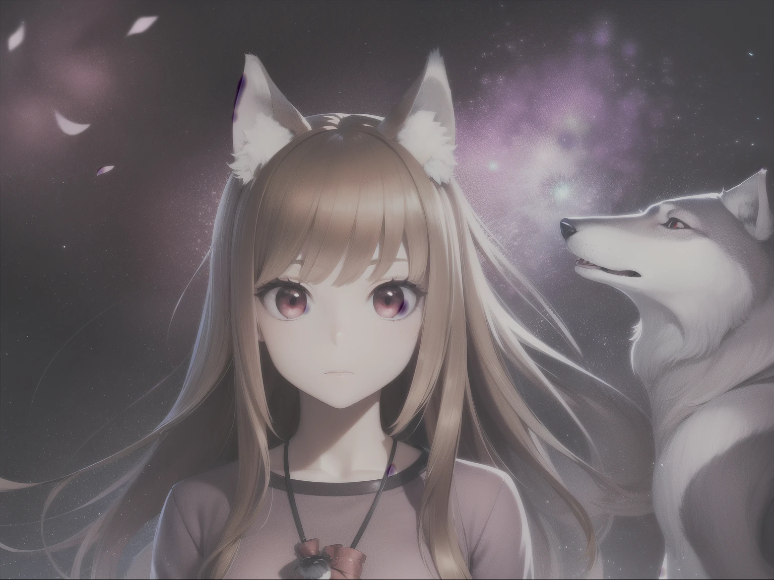 Cherry blossom background,1girl, animal ears,wolf ears, tail, wolf tail, red eyes, wolf girl, brown hair,long hair, purple shirt, Pouch,, (extremely detailed CG unity 8k wallpaper), (highest quality), (ultra-detailed), (best illustrations), (best shadow), 
dismay