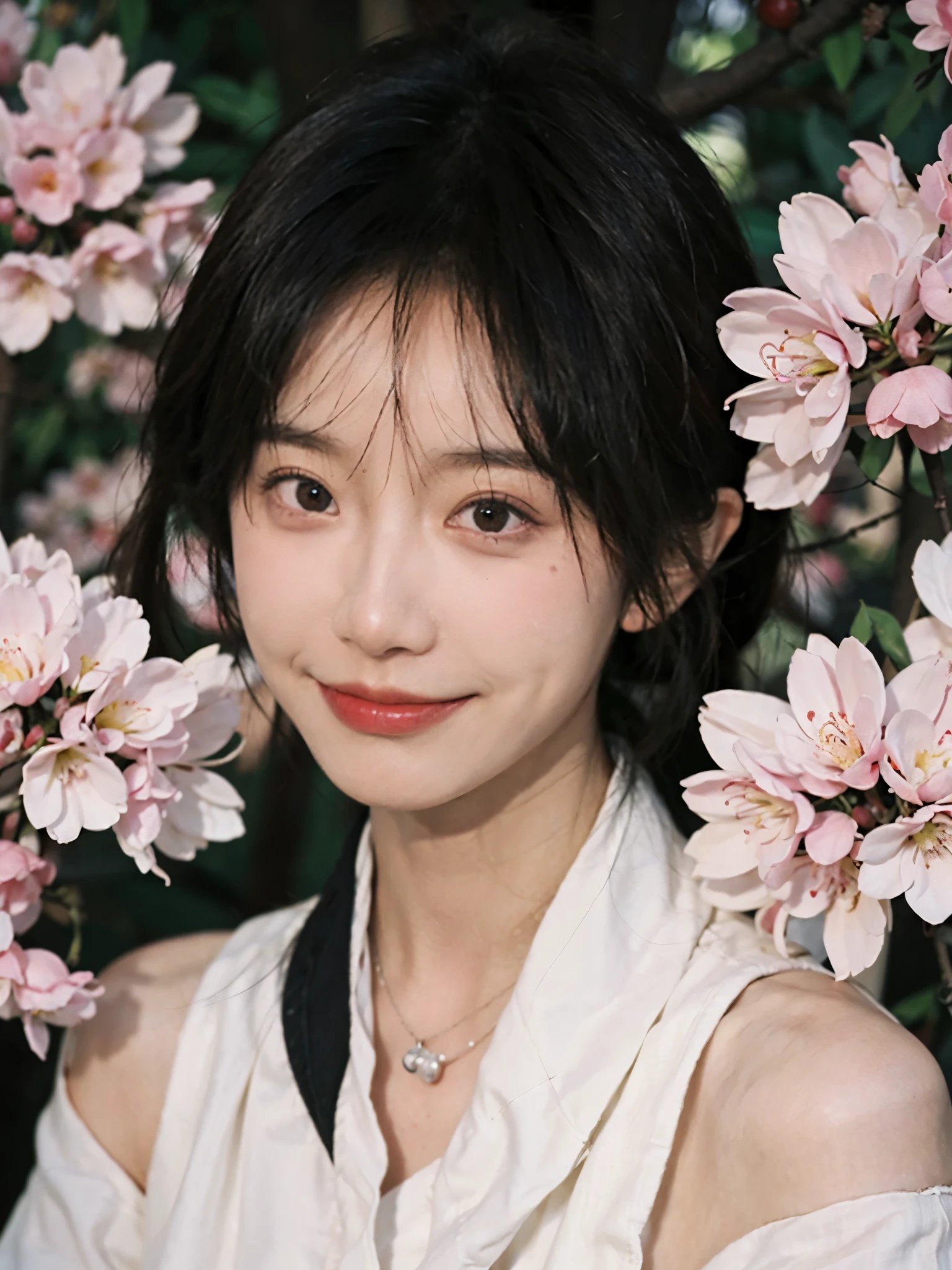 Film portrait photography, 2 girls, 2 Bare Shoulders,lipstick，（flat chest：1.4）， Double tail, wear necklace，scarf，earrings，short sleeves，serene, calm, (Realistic and detailed eyes, natural skin texture, Realistic facial details), Soft dramatic lighting, depth of field, Bokeh,cherry blossom grove，Smile， Vibrant details, Detailed and detailed, surreal, 35mm film, hazy, whole body,