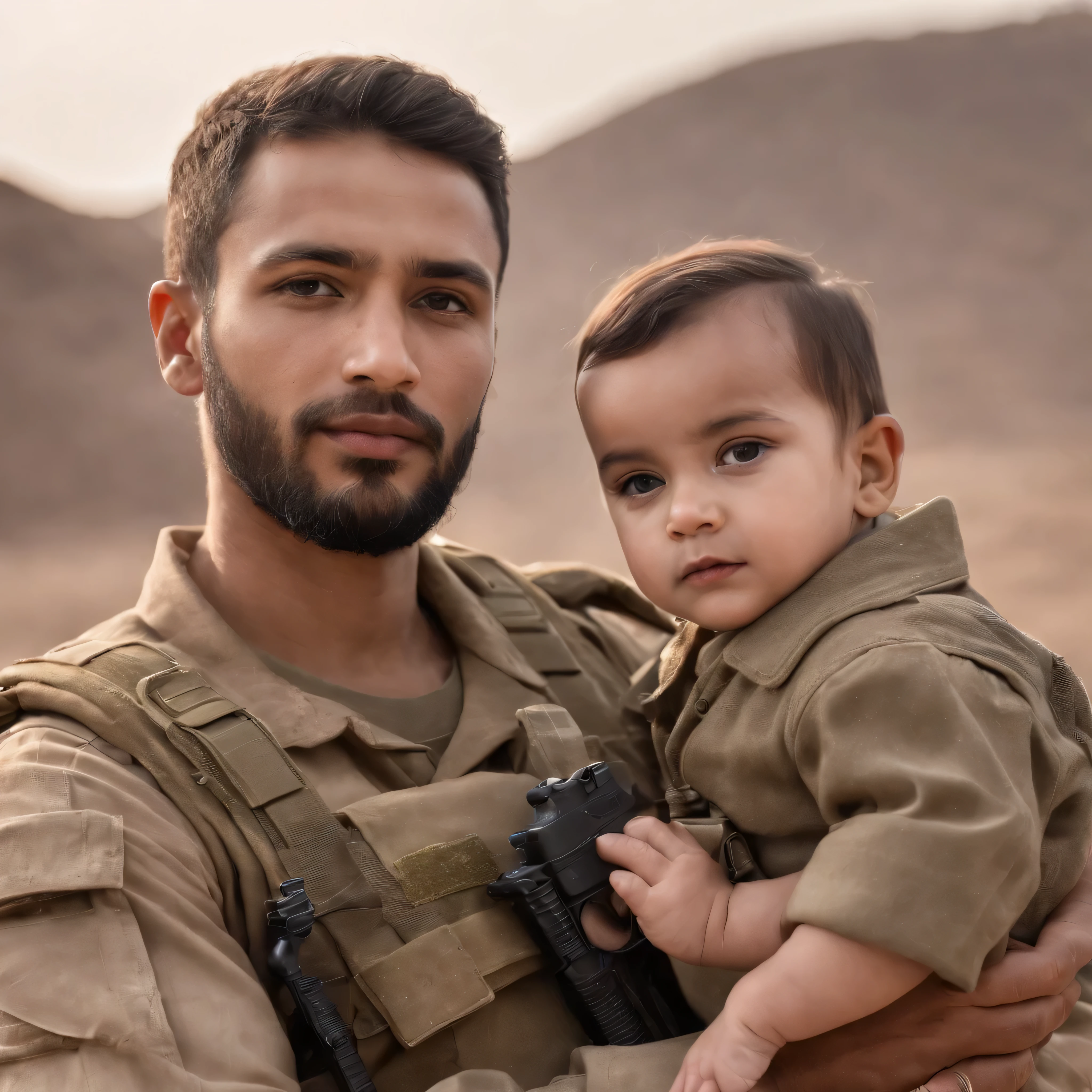 portrait,realistic,charcoal drawing,aged 35,medium fallow skin tone,detailed beard and serious expression,Yemeni military wearing a military with a yemeni flag on his uniform, holding his two years old baby, personalized background,professional lighting,strong,confident pose,masterpiece:1.2,monochrome color tones,dimmed studio lighting
