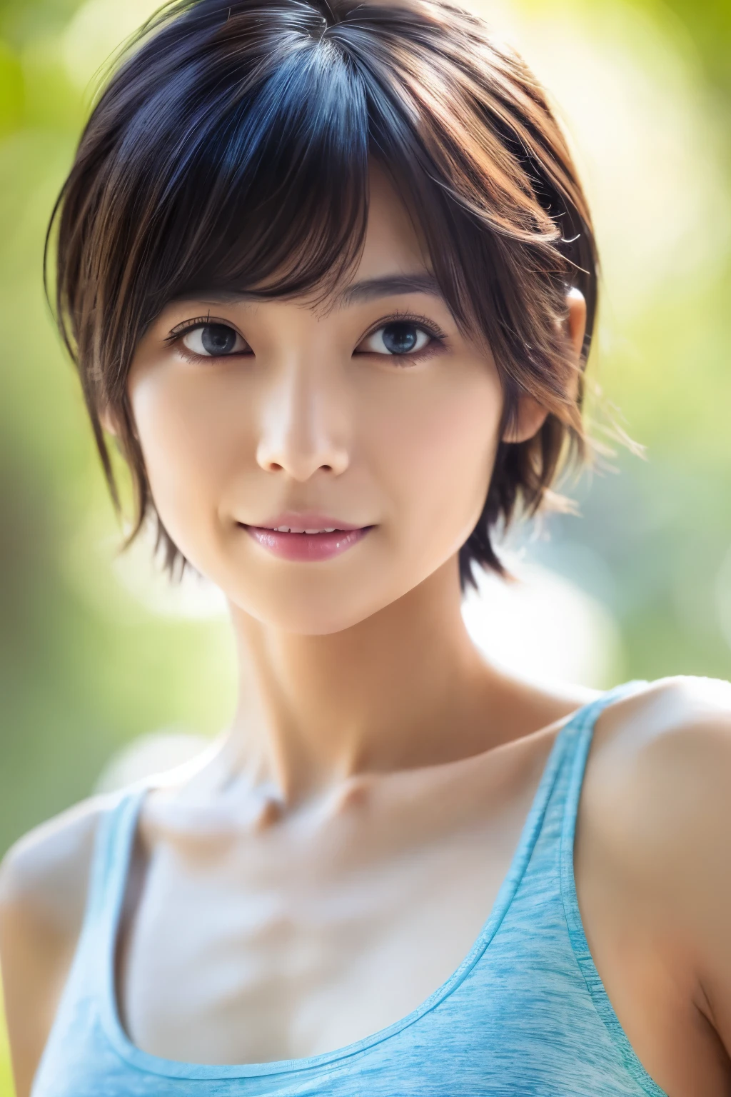 (highest quality, 8K, masterpiece), Skinny Japanese woman, 30 years old, cute face, detailed face, detailed eyes, sexy, attractive, pixie cut, Tank top, realistic skin, small breasts, emphasize thin waist,