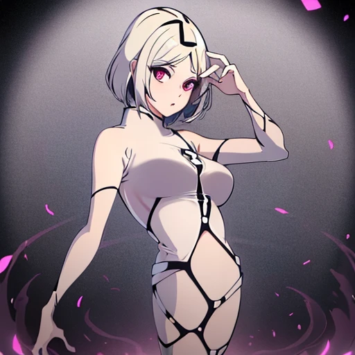 Fantasmatica waifu, busto grande, vestido blanco con lineas semi transparente, ojos morados, pelo largo blanco, labial negro, medias negras, muslos grandes, las piernas cruzadas (chaquetrix)