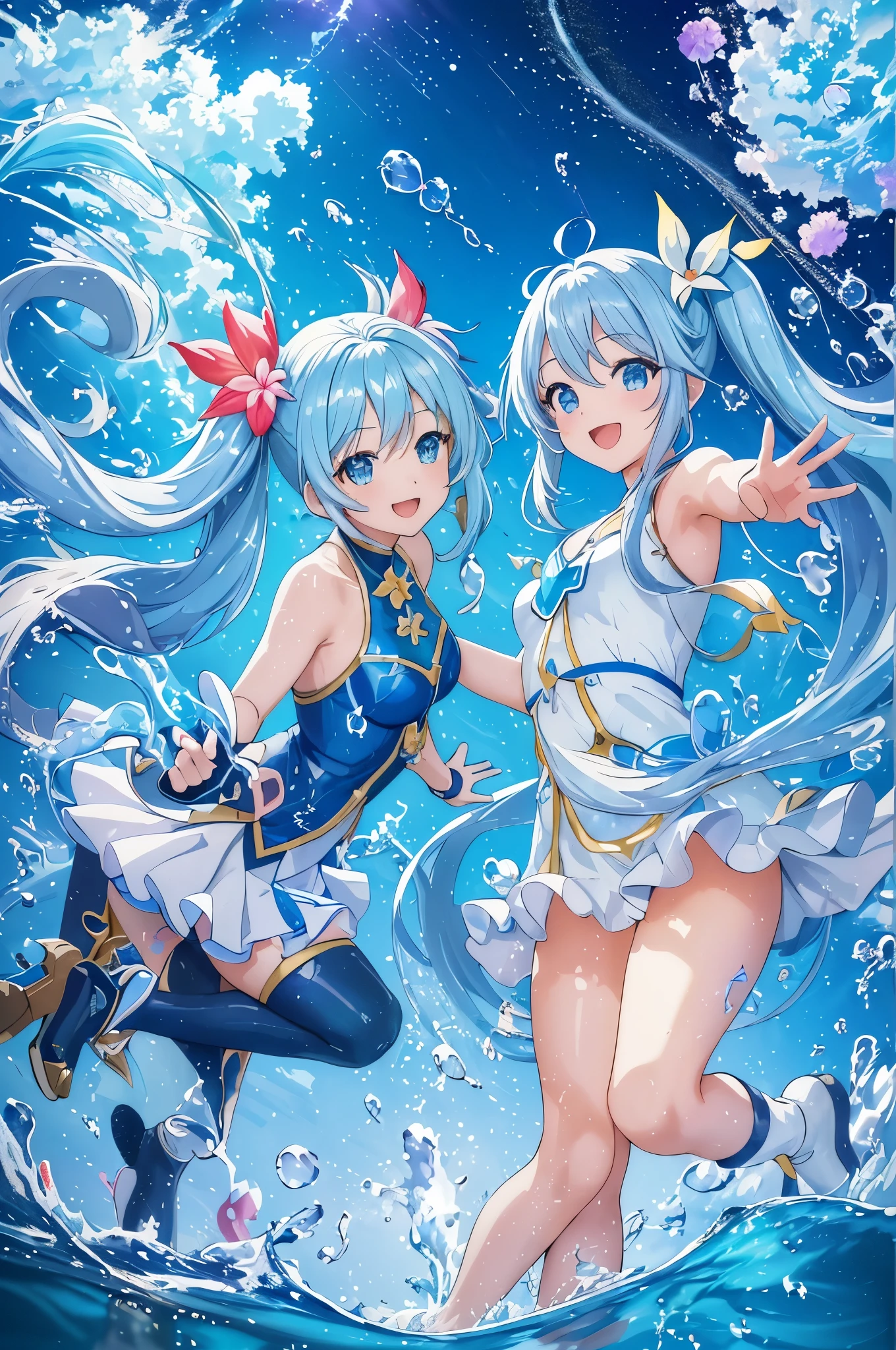 (masterpiece, highest quality, High resolution, anime art style,), (2 girls, light blue long hair、twin tails、bright smile、Abstract in the water), (Romantically, bloom, Swirling Lights, particles of light),Splash Party、Colorful balloons fly、splash art、blue sky