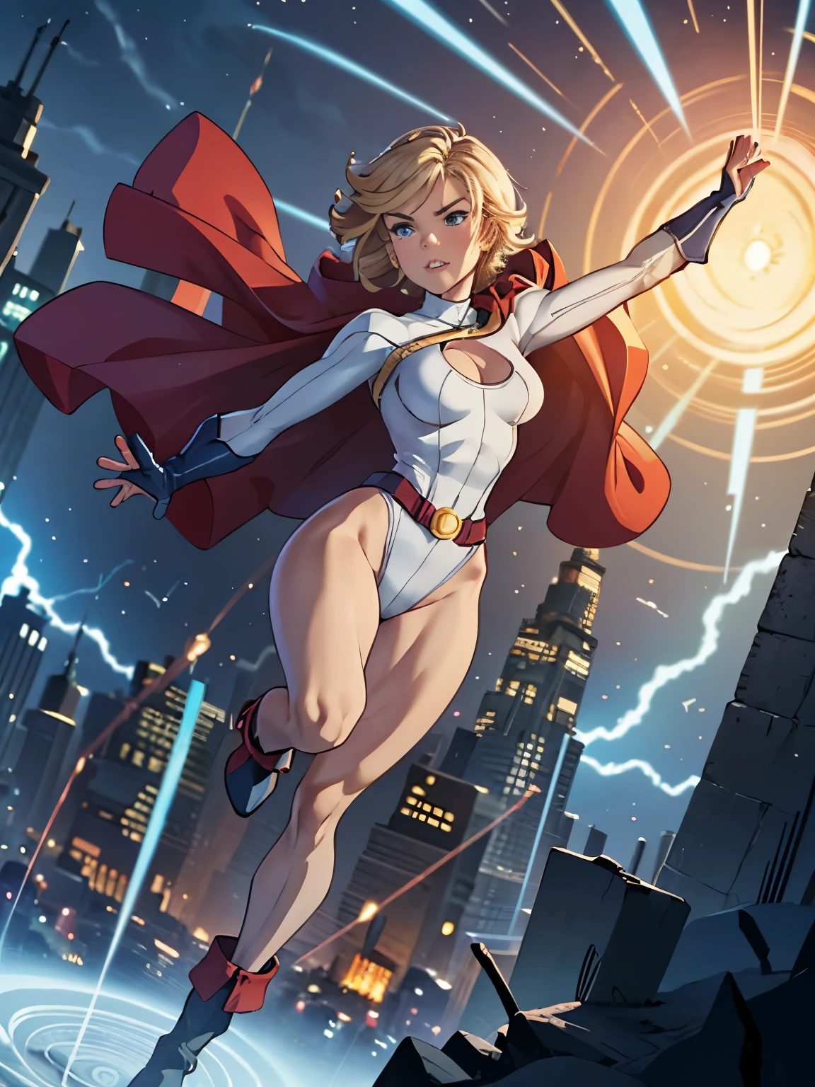 masterpiece, best quality, hyper detailed, ultra detailed, 1girl, medium breasts, leotard, red and blue leotard, bare legs, (fastened tight belt), boots, matching boots, gloves, matching gloves, city backdrop, solo, single, full body shot, superhero, blonde hair, blue eyes, short hair, beautiful detailed eyes, mature lady, high leg leotard, (spins fast in place like a tornado), rapid gyration, (twirling), raised arms, standing straight, perfect hands, (((spiral lines))), speed lines, tornado, spinning energy pulse, front view, light particles, CARTOON_DC_powergirl_ownwaifu