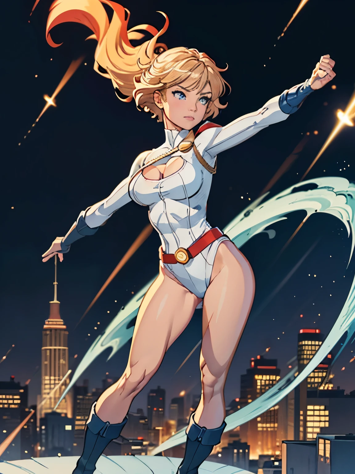 masterpiece, best quality, hyper detailed, ultra detailed, 1girl, medium breasts, leotard, red and blue leotard, bare legs, (fastened tight belt), boots, matching boots, gloves, matching gloves, city backdrop, solo, single, full body shot, superhero, blonde hair, blue eyes, short hair, beautiful detailed eyes, mature lady, high leg leotard, (spins fast in place like a tornado), rapid gyration, (twirling), raised arms, standing straight, perfect hands, (((spiral lines))), speed lines, tornado, spinning energy pulse, front view, light particles, CARTOON_DC_powergirl_ownwaifu