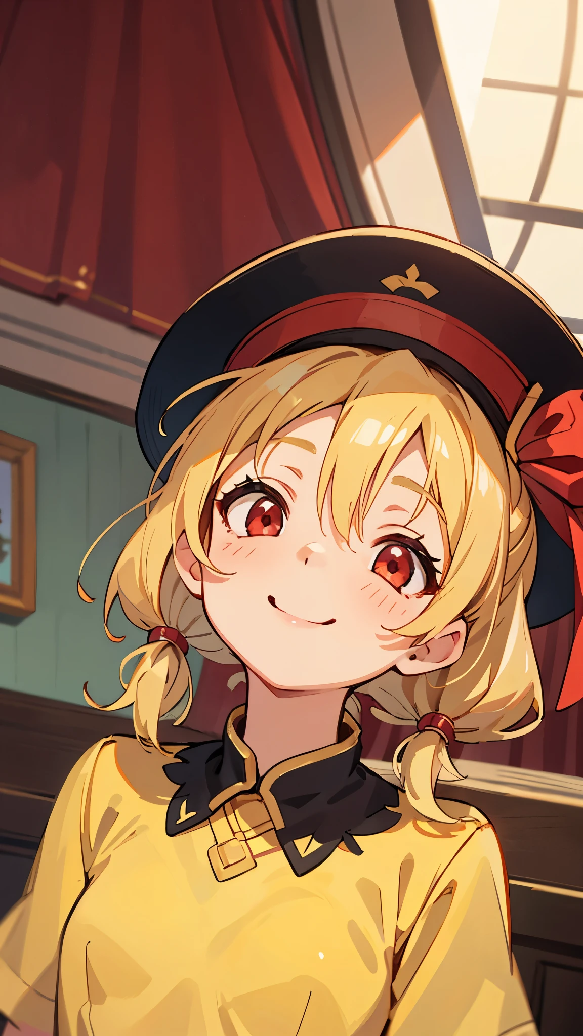 1 girl、strong pleasure on the face、smile、photo studio girl、room、small breasts、upper body close-up、golden hair、side ponytail、red eyes、look up、空をlook up
