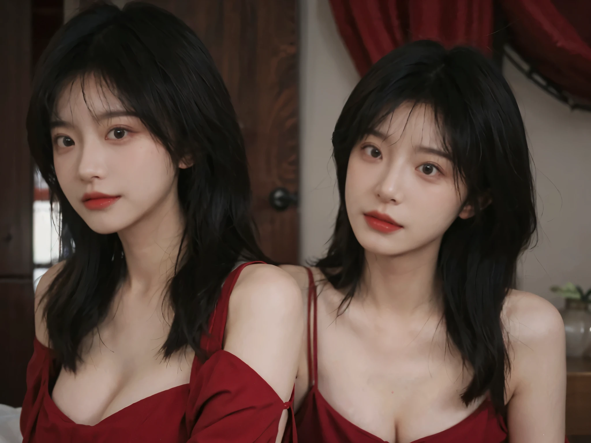 best quality, ultra high resolution, (realistically:1.4), two girls, A pair of clear and moving eyes,Royal sister,twin,red dress, (Large cleavage:1.2), looking at the audience, Close-up cleavage ,