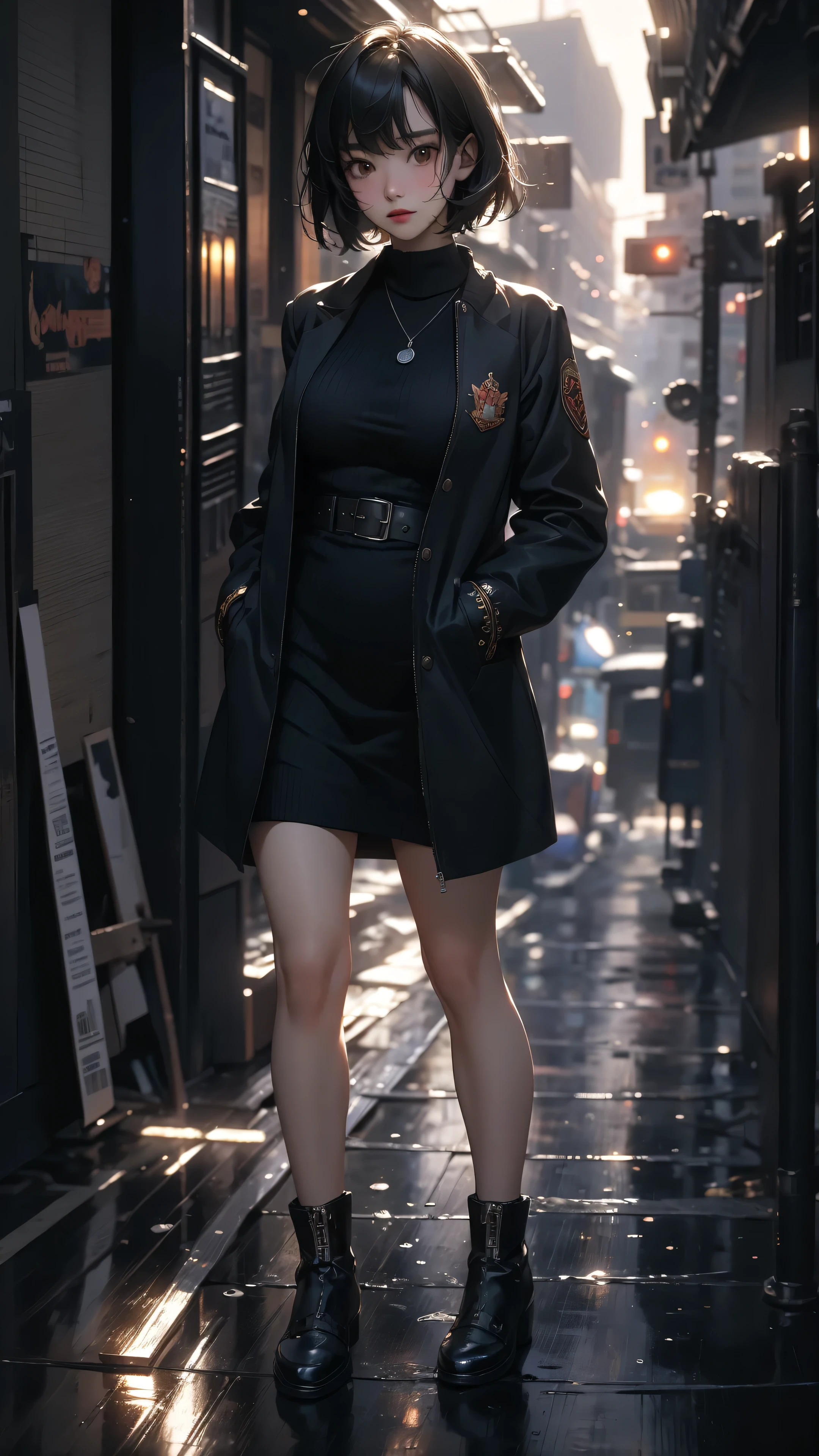 ((Highly detailed CG unit 8k wallpaper, masterpiece, High resolution, highest quality, highest qualityのリアルテクスチャスキン)), ((Hands in pockets pose:1.5, Light steps:1.2, A cool NY fashion girl influenced by nostalgic and inorganic mode fashion., detailed costume:1.4, fine embroidery, Military jacket and knit sweater dress combination:1.3, Asymmetrical short hair, Nana Komatsu)), (((blurred background, An empty back alley in New York))), Close-up, hyper realistic, digital painting, concept art,