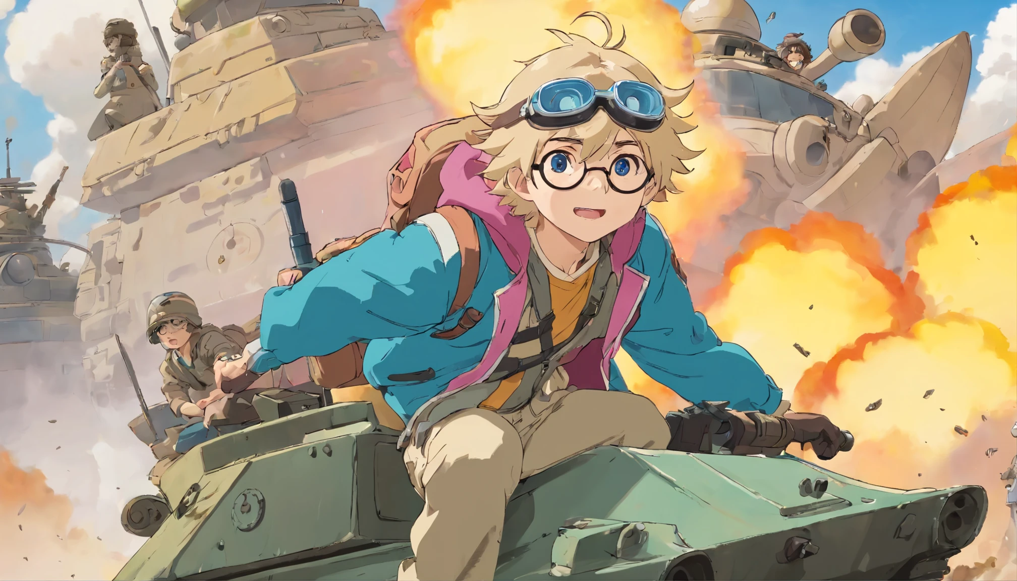 masterpiece, best quality, movie still, 1man, neutral face, (male focus:1.2), (cute:1.2), cute man wearing round glasses and a war helmet, looking at the viewer, wearing a pink jacket, blue eyes, big nose, dirty blond hair, messy hair, white background, full body, riding on a tank