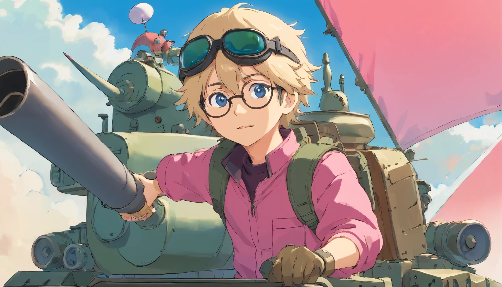 masterpiece, best quality, movie still, 1man, neutral face, (male focus:1.2), (cute:1.2), cute man wearing round glasses and a war helmet, looking at the viewer, wearing a pink jacket, blue eyes, big nose, dirty blond hair, messy hair, white background, full body, riding on a tank