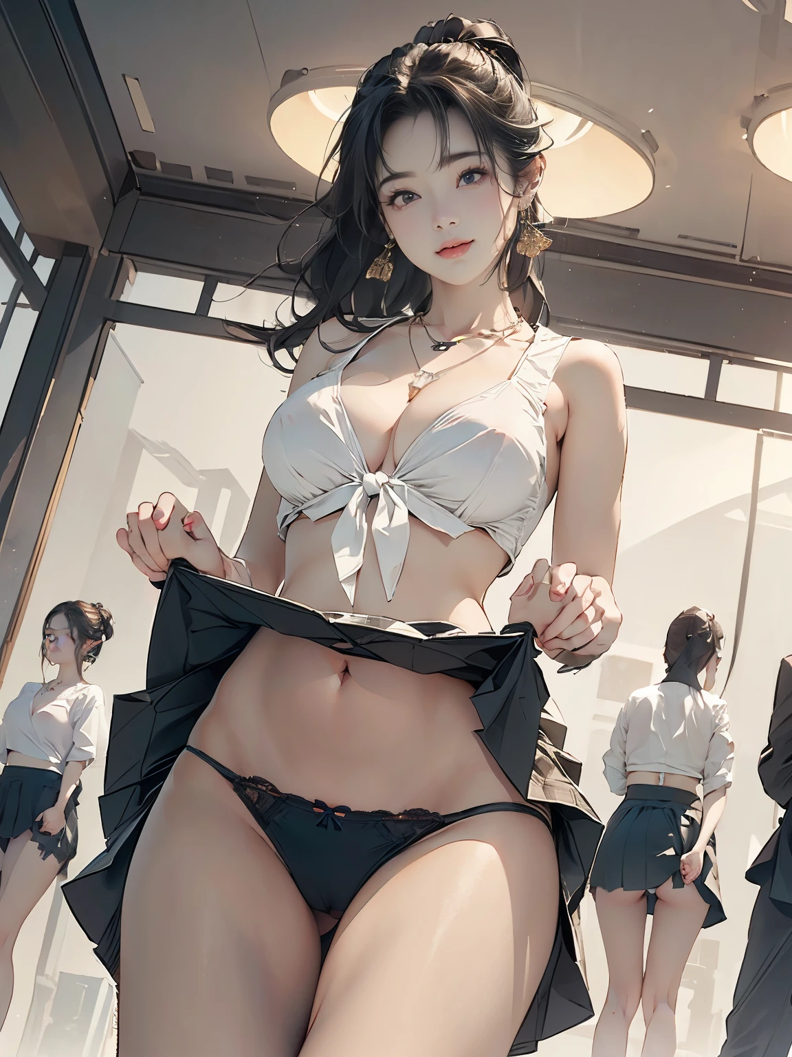 ((((highest quality))))、(((Ultra-precision CG16K wallpaper)))、(((masterpiece)))、(((Super detailed)))、(((super extreme details)))、((1people's women))、mature woman、24 year old woman、(((clarity、detailed face:1.6)))、((Japanese face))、((very beautiful face))、((Mai Shiraishi:1.5))、((straight long ponytail hair、blunt bangs:1.5))、(shiny brown hair)、((Big eyes with double eyelids))、beautiful delicate eyes、brown eyes、raised eyebrows、high nose、small nostrils、small mouth、seductive lips、beautiful breasts、((C cup size breasts))、cleavage、plump body、(Chubby body type)、perfect proportions、perfect anatomy、perfect composition、beautiful detailed shading、beautiful natural lighting、beautiful detail glow、Depth of the bounds written、(((High chroma)))、(((real:1.9)))、((vivid:1.5))、((edge:1.6))、((beautiful skin))、((skin texture))、((realな皮膚感))、(((cowboy shot:1.6)))、((Low angle view from below front:1.8))、((shy smile:1.5))、(Eyes looking at me:1.5)、Bright daylight、Natural light、(((Hibiya Park:1.5)))、(standing pose:1.5)、(((Sleeveless collared blouse with tie hem_White clothing、pleated mini skirt_blue clothes:1.6)))、(((Lace Bikini Panties_Show white:1.8)))、((earrings、wearing necklace:1.3))、(((Lift up your skirt with both hands:1.5)))、