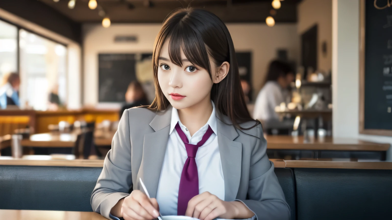 8K, highest quality, real image, intricate details, Super detailed, ultra high resolution, depth field,(realistic,realistic:1.2),table top , front shot , Photographed at a stylish cafe , girl, とても美しい17歳のgirl, innocent big eyes,、beautiful breasts:1.5、highly detailed eyes:1.2)、bangs、, perfect skin, Fair skin, tight waist, light blush,  look at the viewer,((School_uniform),(blazer), (white shirt、wear a tie), (gray pleated skirt), (sculpture installation :1.1), urban cafe space, Customers enjoying cafe around