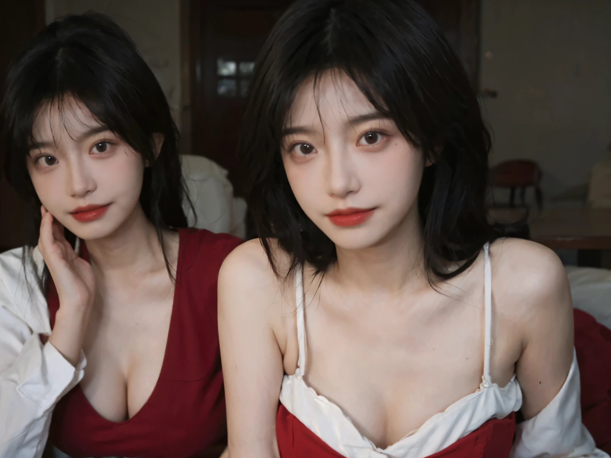 best quality, ultra high resolution, (realistically:1.4), two girls, A pair of clear and moving eyes,Royal sister,twin,red dress, (Large cleavage:1.2), looking at the audience, Close-up cleavage ,