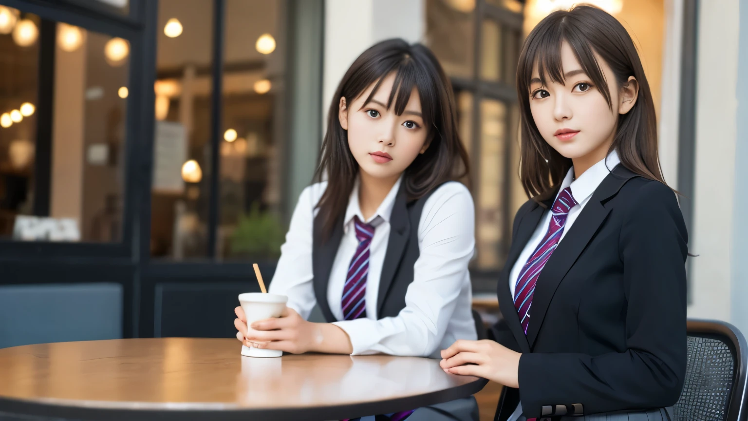 8K, highest quality, real image, intricate details, Super detailed, ultra high resolution, depth field,(realistic,realistic:1.2),table top , front shot , Photographed at a stylish cafe , girl, とても美しい17歳のgirl, innocent big eyes,、beautiful breasts:1.5、highly detailed eyes:1.2)、bangs、, perfect skin, Fair skin, tight waist, light blush, look at the viewer,((School_uniform),(blazer), (white shirt、wear a tie), (gray pleated skirt), (sculpture installation :1.1), urban cafe space, Customers enjoying cafe around