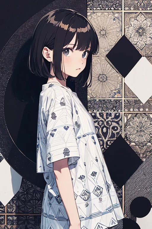 complex geometric pattern background、dark color、Anime style、cowboy  shot、Cute  s、a short bob、Looking away、white baggyＴThe shirt、printed shirt、loose-fitting clothes、Retro、top-quality、ultra-detailliert、High quality detailing