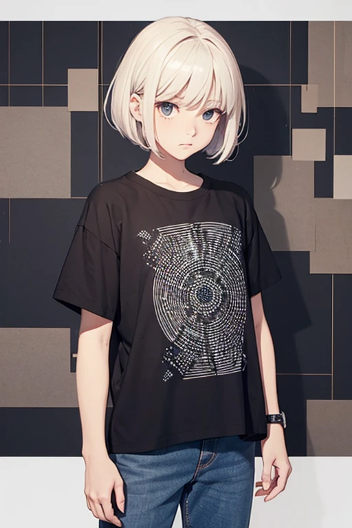 complex geometric pattern background、dark color、Anime style、cowboy shot、Cute s、a short bob、Looking away、white baggyTThe shirt、printed shirt、loose-fitting clothes、Retro、top-quality、ultra-detailliert、High quality detailing