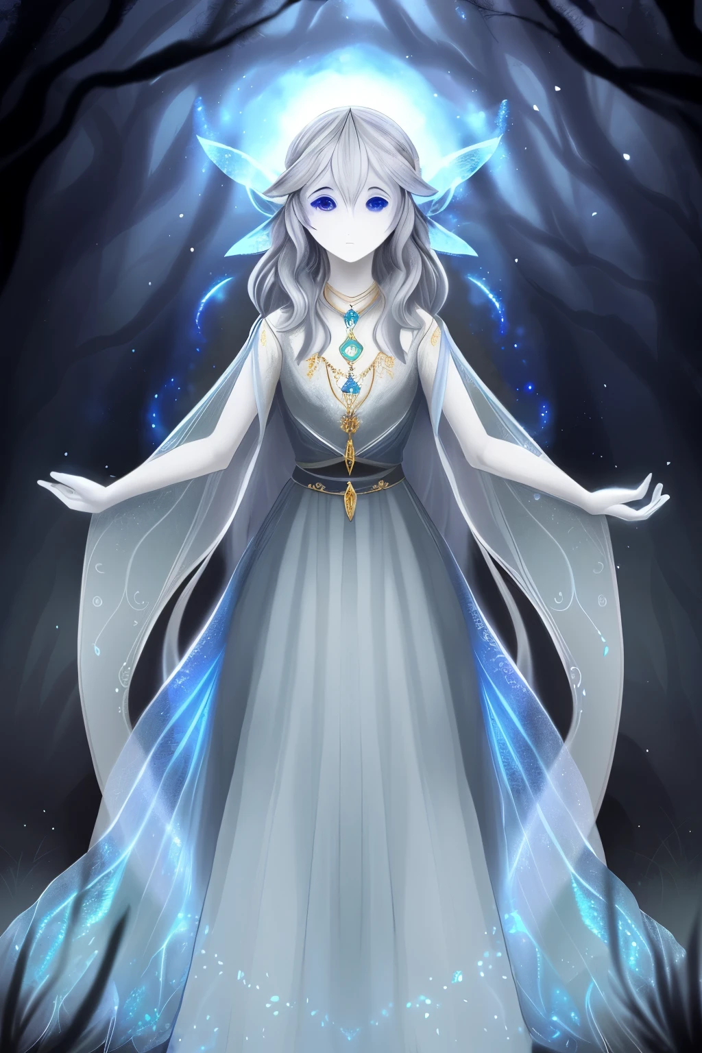 Liraelle, a fairy of ethereal beauty, graces the scene with translucent wings that emit an enigmatic radiance, casting an otherworldly glow. Her silver tresses cascade like a moonlit waterfall, capturing the light in a mesmerizing dance. Deeply rooted in the chaos magic, her eyes blaze with wild intensity, mirroring the many facets of her restless soul. Dressed in garments of delicate fabrics adorned with shimmering embellishments, around her neck she bears an ancient amulet, a gift from Babayaga, imbued with cryptic powers. Her wingspan, large yet light, ho