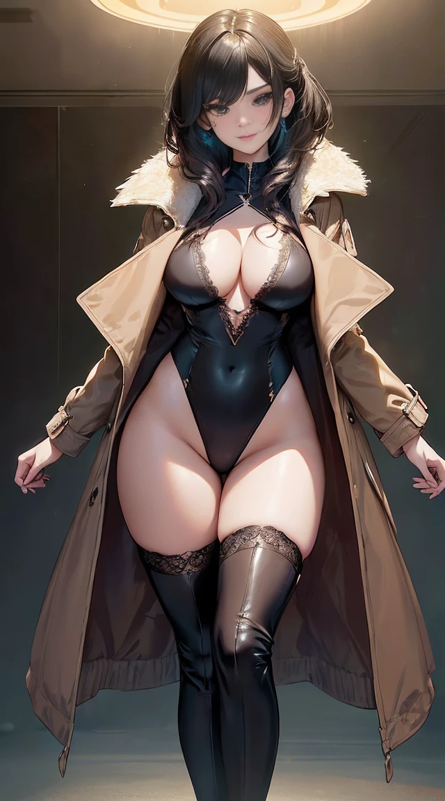 （best quality，High resolution，representative work:1.1），Extremely sexy and beautiful Korean woman，Colorful lights in KTV，(((tall figure，Small waist and hourglass figure，Perfect curve proportions)))，(((Wearing a deep V slingshot one-piece swimsuit，lace，Flowing light trench coat，visible exposed skin，Showing thighs)))，Big breasts highlight her cleavage，((Cracked crotch，Wide crotch triangle area，，Mons pubis enlargement and fullness))，With knee-high leather boots，Tie your hair into a stylish updo，show your neck，Beauty as seen by the eyes，face me，graceful standing posture，sweet smile，Mainly front view，Walking posture，Above the knee view，complete hand，beautiful fingers。