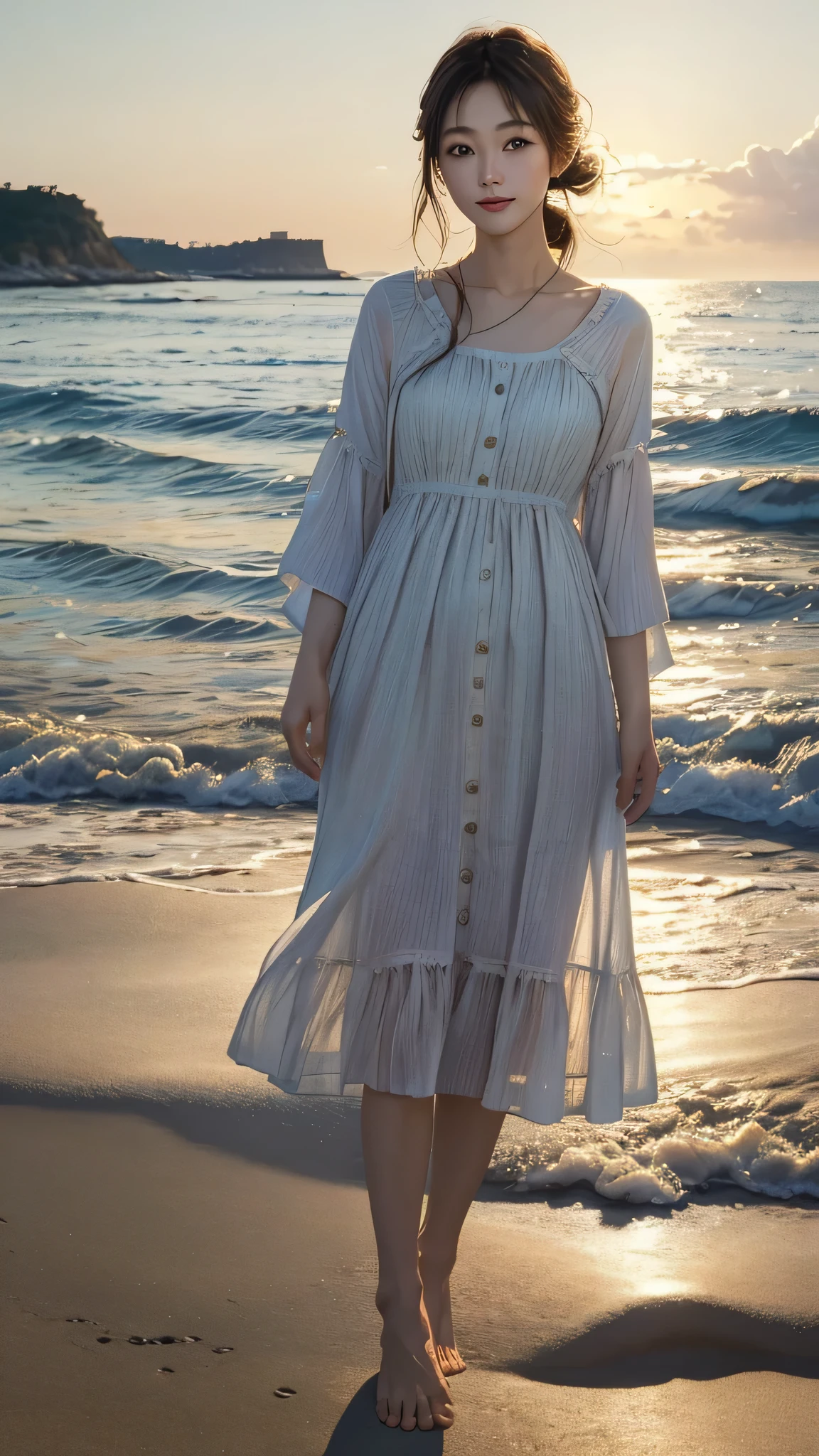 (Close-up:1.4)、(RAW photo:1.2)、(photorealistic:1.4)、(masterpiece:1.3)、(highest quality:1.ung japanese woman、night、thin clothes、girl、Put one foot in the sea、Standing girl、Landscape、Between the horizon and the sea、view from the side、Ripples spreading from the toes、Approximately 20 meters away、on the sea、beach、The whole scene shineeteors、illumination、