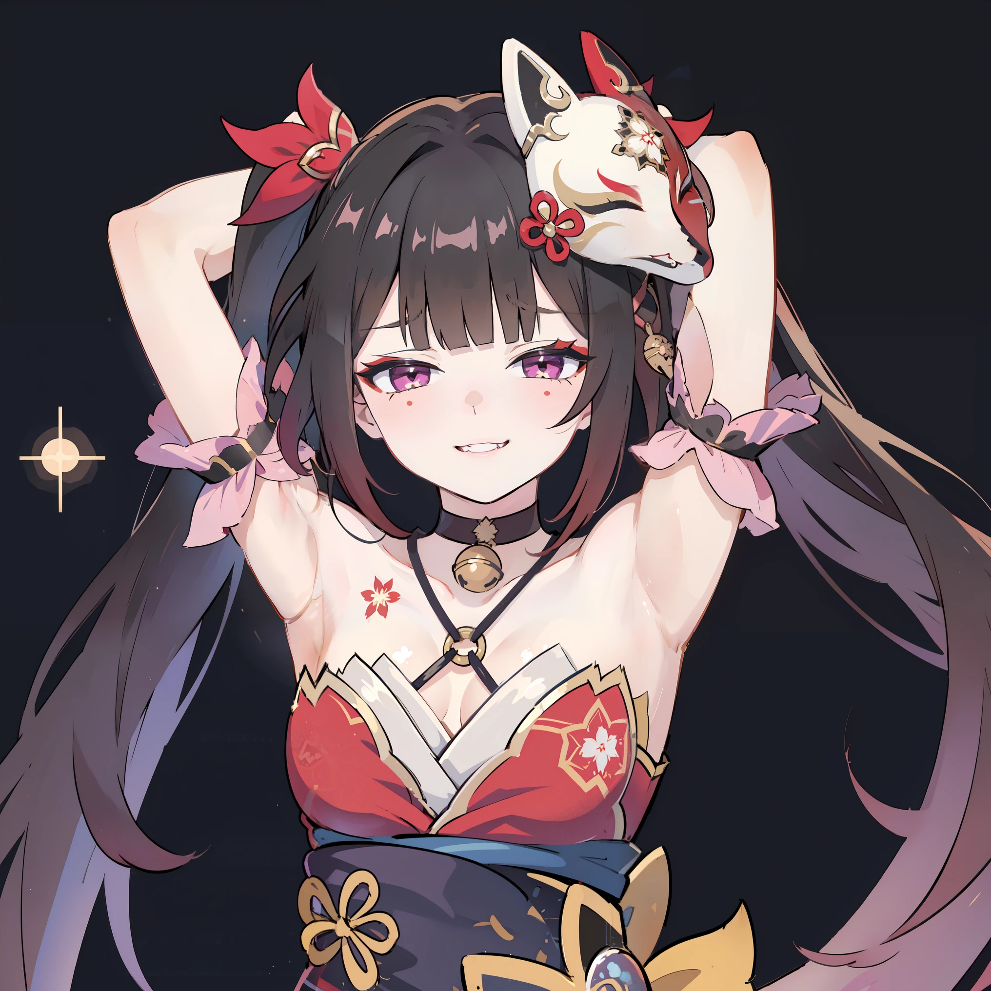 1girl, solo, sparkle \(honkai: star rail\), small breasts, twintails, hair ornament, solo, off shoulder kimono, mask on head, detached sleeves, choker, obi, wristband, criss-cross halter, thigh strap, blush, face closeup, portrait, looking at viewer, gasping, ???????, head tilt, ((arms up, armpits)), seductive smile, sharp smile, sharp teeth, smug, black background, masterpiece, best quality