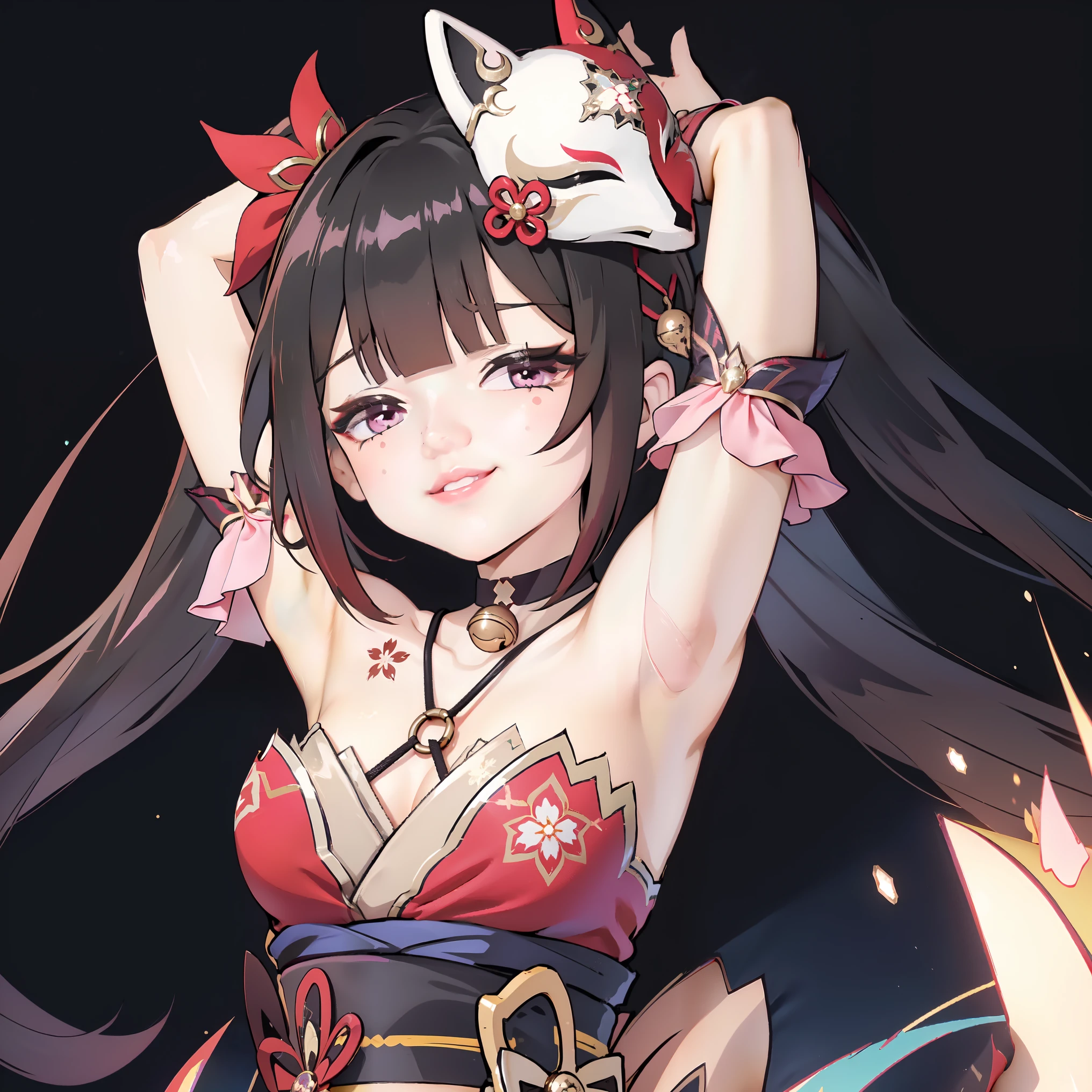 1girl, solo, sparkle \(honkai: star rail\), small breasts, twintails, hair ornament, solo, off shoulder kimono, mask on head, detached sleeves, choker, obi, wristband, criss-cross halter, thigh strap, blush, face closeup, portrait, looking at viewer, gasping, ???????, head tilt, ((arms up, armpits)), seductive smile, sharp smile, sharp teeth, smug, black background, masterpiece, best quality