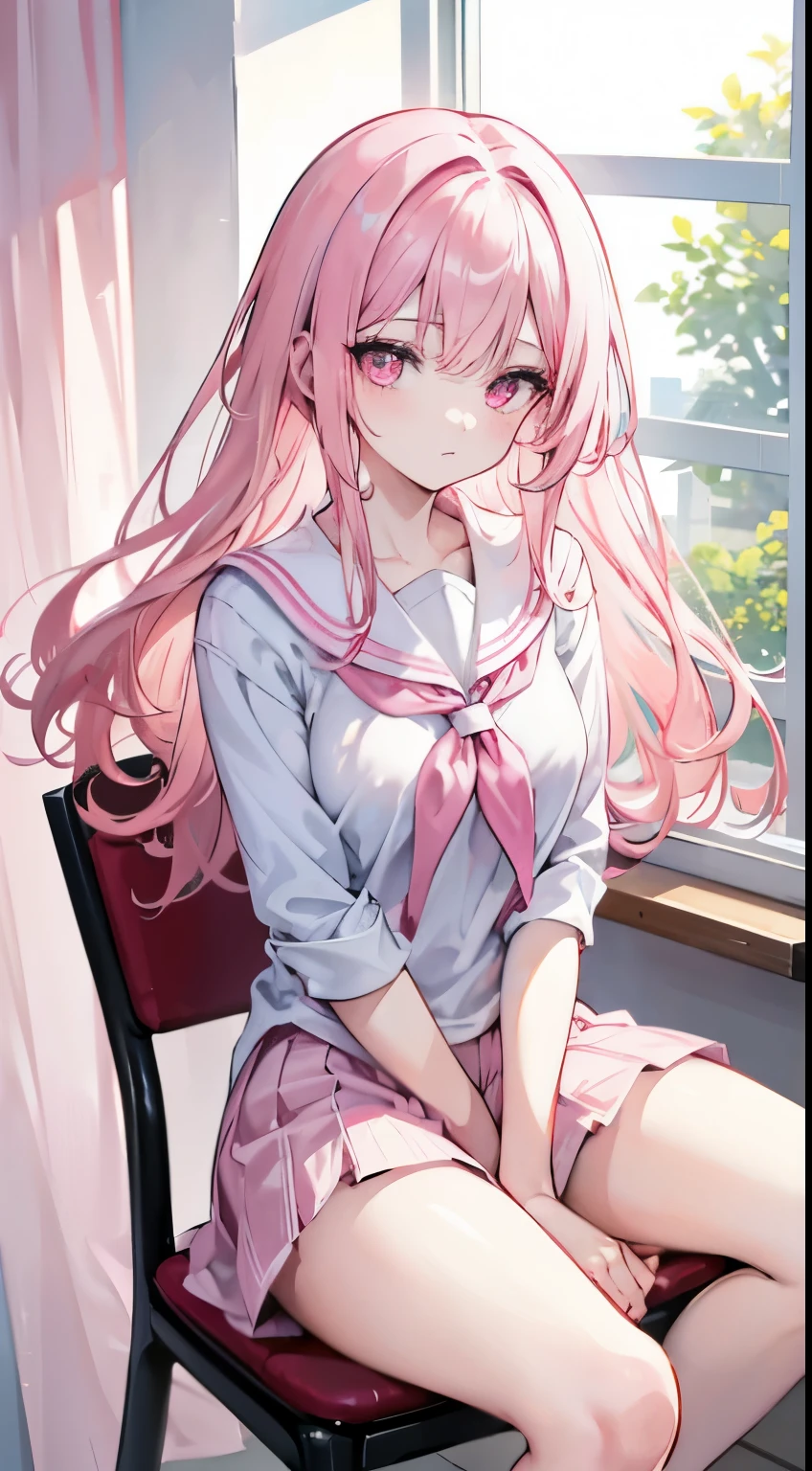light pink shredded hair curtain,Long radiating pink hair,Detailed explanation of hair,Pale pink eyey hair is kind of messy,white and blue sailor suit,protruding chest,hand pulls the curtain of hair,at the library,sit on a chair,,There is a window next to it,sunlight shines in,Big white feet,Depiction of leg series,dam expression,Spread your legs slightly apart,Girl in a short skirt,eye highlights,warm color palette,bright tones,