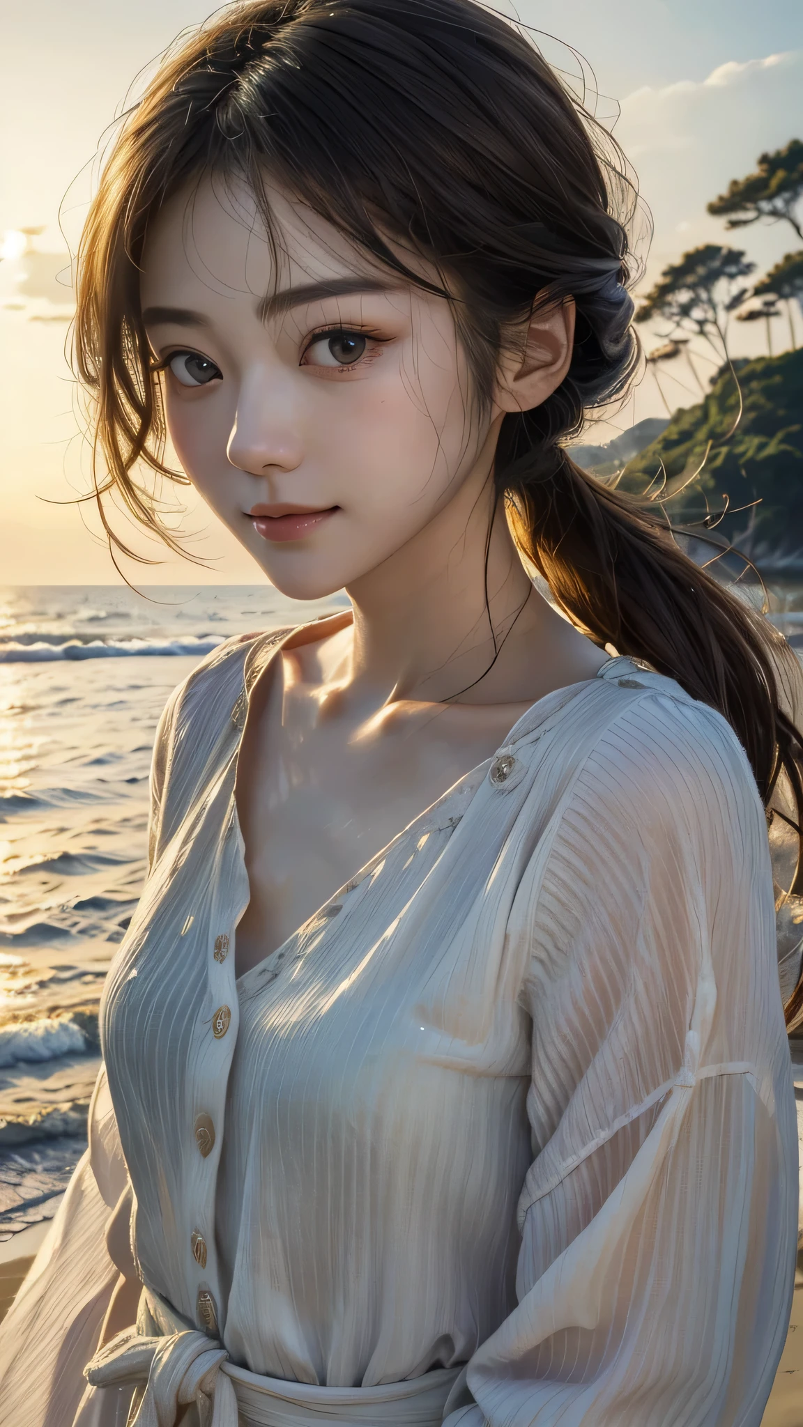 best quality, masterpiece, solo, high_res,1 beautiful girl sleeping, standard body, center, hair decoration, beautiful face, light makeup, Tyndall effect, realistic image, dark studio, daylight, clear everything, on the sea near the shore, beautiful island view behind, clear blue sea, wet ball body, (high detail skin: 1.2), 8k uhd, dslr, studio lighting, high quality, photos, high resolution, 8k, bokeh.