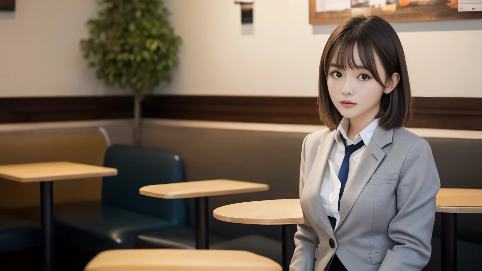 8K, highest quality, real image, intricate details, Super detailed, ultra high resolution, depth field,(realistic,realistic:1.2),table top , front shot , Photographed at a stylish cafe , girl, とても美しい17歳のgirl, innocent big eyes,、highly detailed eyes:1.2)、bangs、short hair, perfect skin, Fair skin, tight waist, light blush, look at the viewer,((School_uniform),(blazer), (white shirt、wear a tie), (gray pleated skirt), (sculpture installation :1.1), urban cafe space, Customers enjoying cafe around