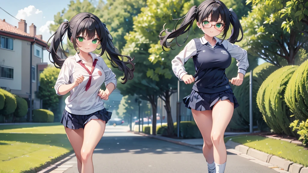 masterpiece,highest quality,wonderful,finely,High resolution,1 girl, big breasts,(running:1.3), black hair, glasses, green eyes,twin tails, full body