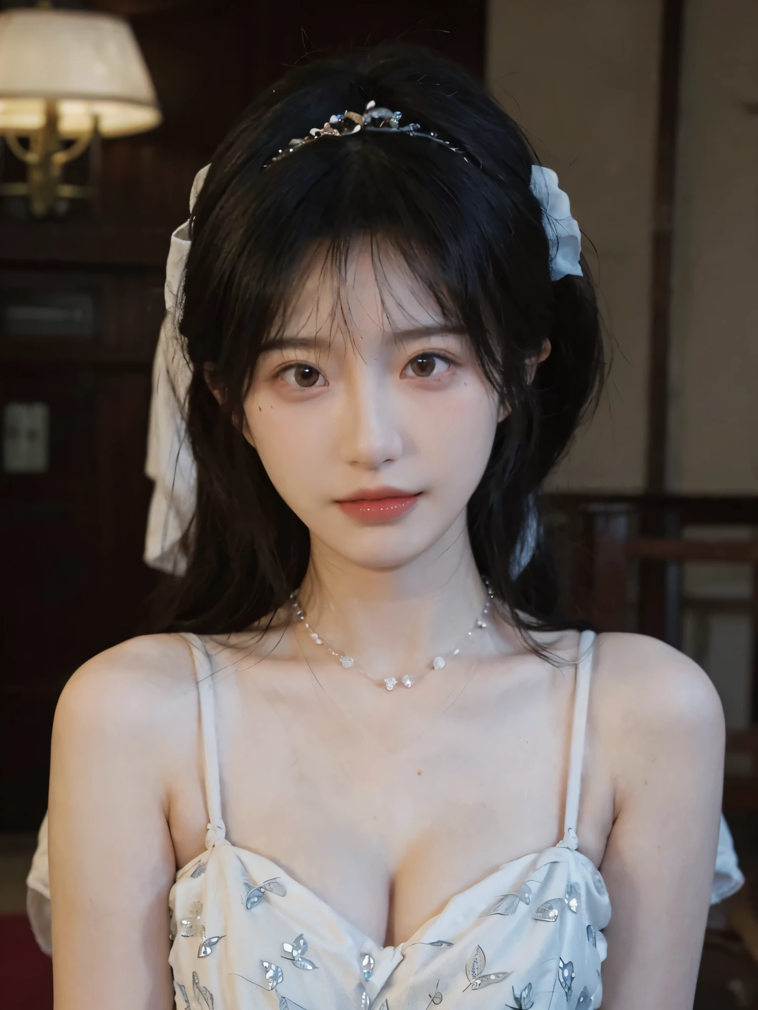 best quality, ultra high resolution, (realistically:1.4),cute hairpin,Baoyu Girl,Standing in the wedding hall,(flat chest:1.2) ,A pair of clear and charming peach blossom eyes,Royal sister,The sun shines on the face,Big wavy hairstyle,(necklace:1.2),(White skin:1.4),a sense of atmosphere,a beautiful girl,looking directly at the viewer, Close-up cleavage ,(lifelike:1.4),1 girl,Sexy,(Upper body:1.4),(wet),(:1.2)