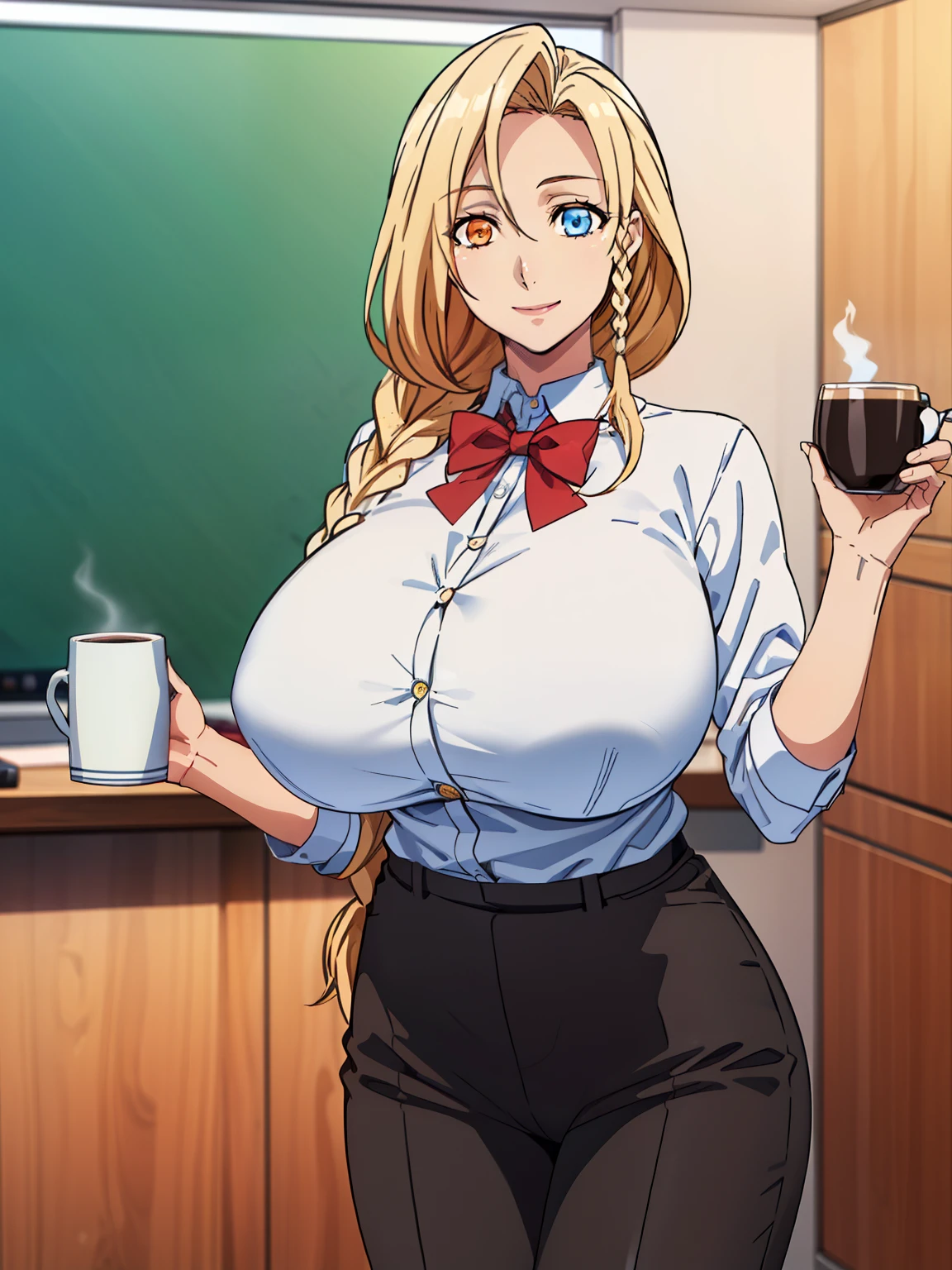 (bringing a cup of coffe), sarielx, god rays, (white office shirt), (red bowtie), black short pants, (office room background), anime cels style, best quality, high resolution, 1girl, (huge breasts:1.2), beautiful face, cowboy shot, heterochromia, braided ponytail, braided bangs, smiling, looking at viewer