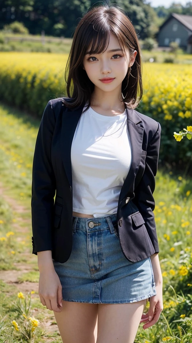 Top-quality Realistic,Unity,8k wallpaper,Official art,Highly detailed CG Unity 8k wallpaper,ultra-detailliert,hight resolution,Physically-based rendering,ultra detailliert,Magnificat,finely detail,masterpiece,Best Quality,ultra-detailliert ,ultra detailed,Mature beauty,Beautiful girl,1girl,moist lips,sexy lips,Sexy smile,Gentle smile, 18 years old, Beautiful bare skin,Smooth bare skin, big well-shaped breasts,beautiful cleavage, swept bangs,(Medium hair:1.3), beautiful detailed eye model shoot style,Japanese Idol,beautiful girl,Half-body,Model photo shoot,standing position,(In natural park),(field of rape blossoms),BREAK,(blazer over White t-shirt:1.3),(checked mini skirt:1.3), model pose,sexy smile,by the Icelandic poppies,standing model pose,close up to face,NSFW,shoot from below,standing on the ground,legs open, (breast hold)