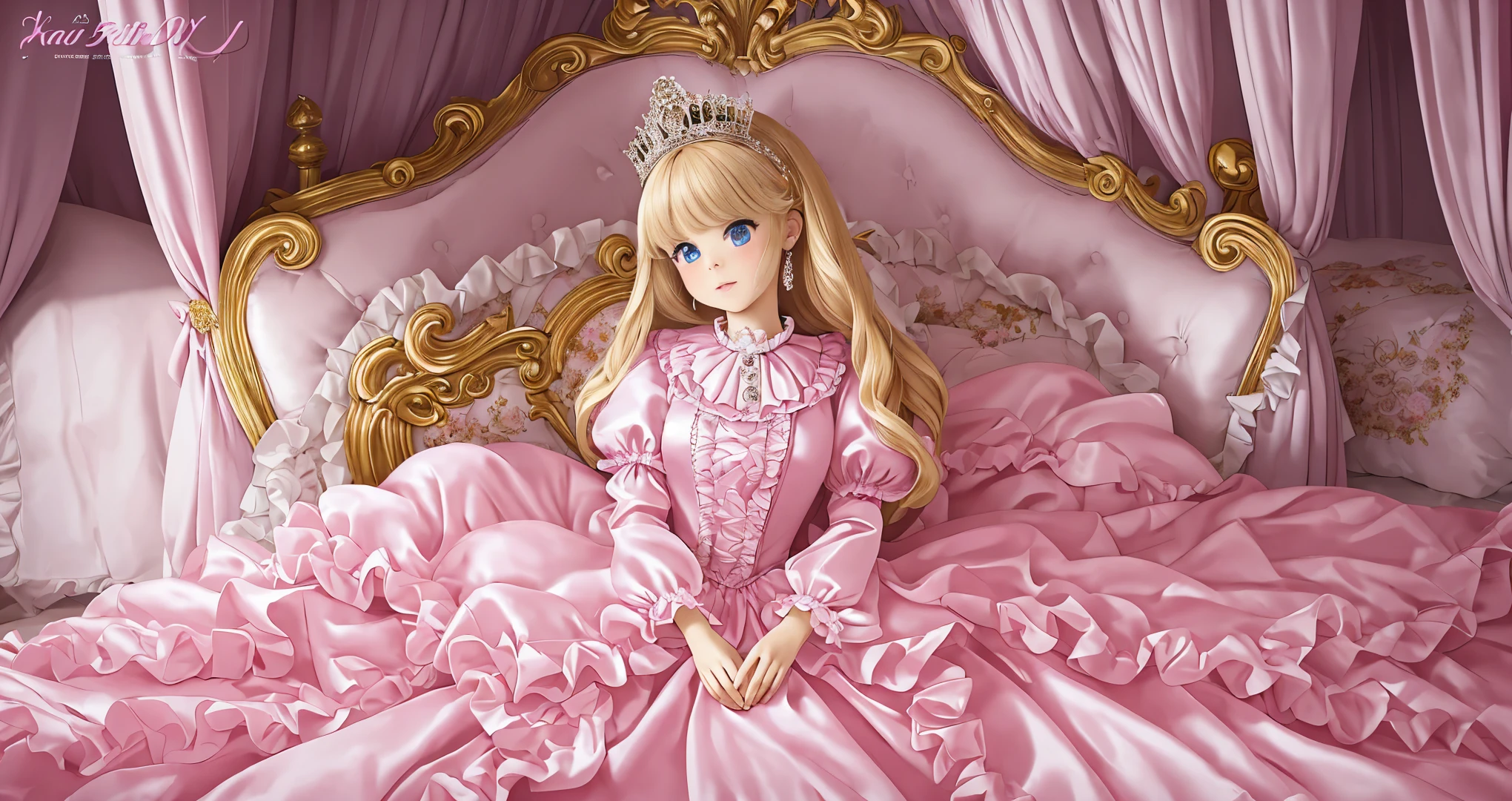 ,highest quality, masterpiece, highest resolution, artwork, super それにget used to it, many get used to it, get used to it, それにget used to it, 3K ultra-high resolution realistic photos,,(( When I was 10 years old)),Super detailed baby face,She is a princess,Full length ball gown dress with hoop skirt,ruffled yoke collar,puff sleeves,long sleeve,((lolita style hot pink princess satin dress、Comes with lots of frills and ribbons。)),colorful rococo fashion,shiny satin dress,Soft and smooth fabric,luxury,long blonde hair,blue eyes,white skin european,pajamas,((inside the palace)),,,(( When I was 10 years old)),Super detailed baby face,Full length ball gown dress with hoop skirt,long skirt,ruffled yoke collar,puff sleeves,腰まで伸びるlong blonde hair,blue eyes,white skin european,pajamas,((inside the palace bedroom)),ピンクのシルクサテンのluxuryなcanopy bedの上,canopy bed,luxurious curtains under the canopy,many frilly pillows on the bed,super detailed background,detailed bed,silk satin bed sheets,soft silk satin comforter,Soft silk satin ruffled pillow in pastel colors,little princess is sitting on the bed,large ball gown dresses that completely cover the legs,legs are hidden in the dress,Don'put your legs out to the side,Beautiful girl illustration,beautiful detailed face、detailed hair,detailed human eye ,detailed mouth, arm details,fine hands,Detailed pillow,Frilly pillows piled up behind the girl,