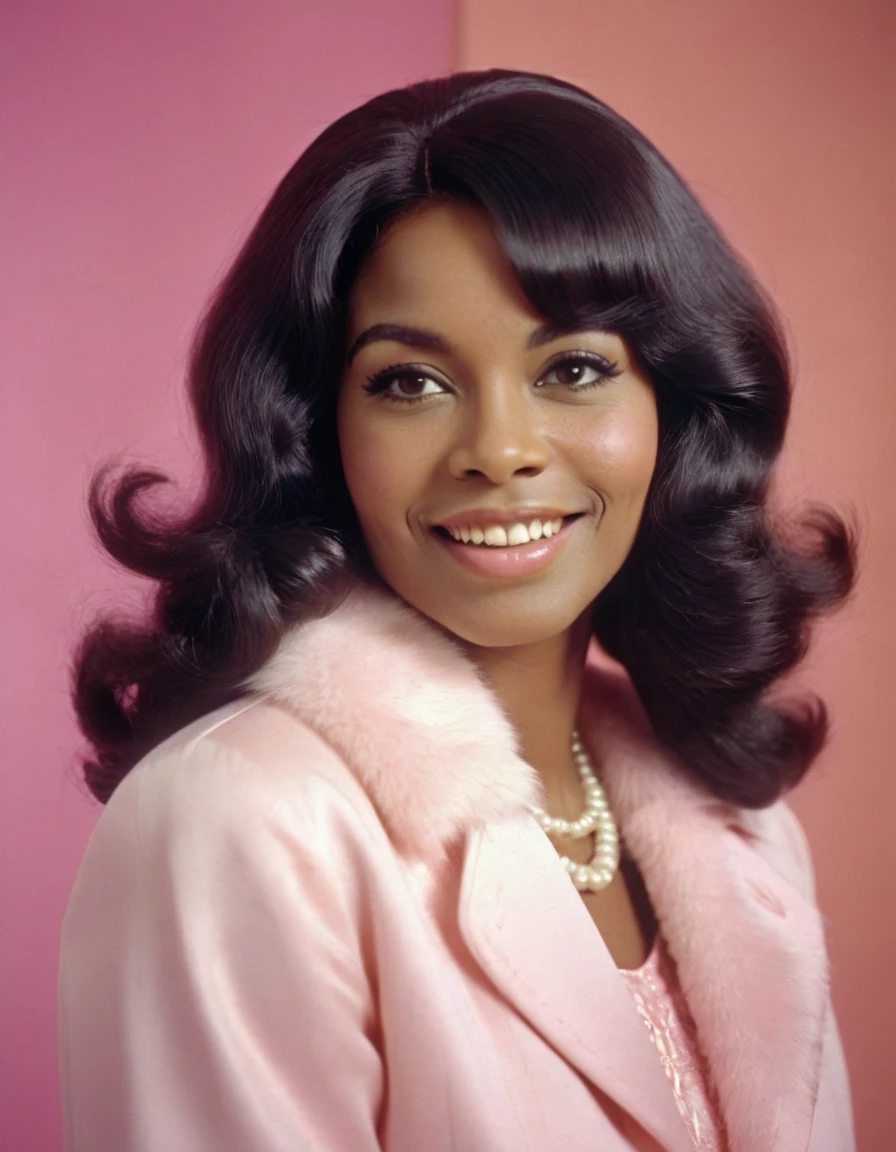 A photo of an African American woman with long, wavy hair in the style of 1960s fashion. She is wearing white and pink attire, smiling warmly at the camera. The background features soft lighting and vibrant colors typical of that era. This vintage photograph captures her natural beauty and fashionable look from those times.