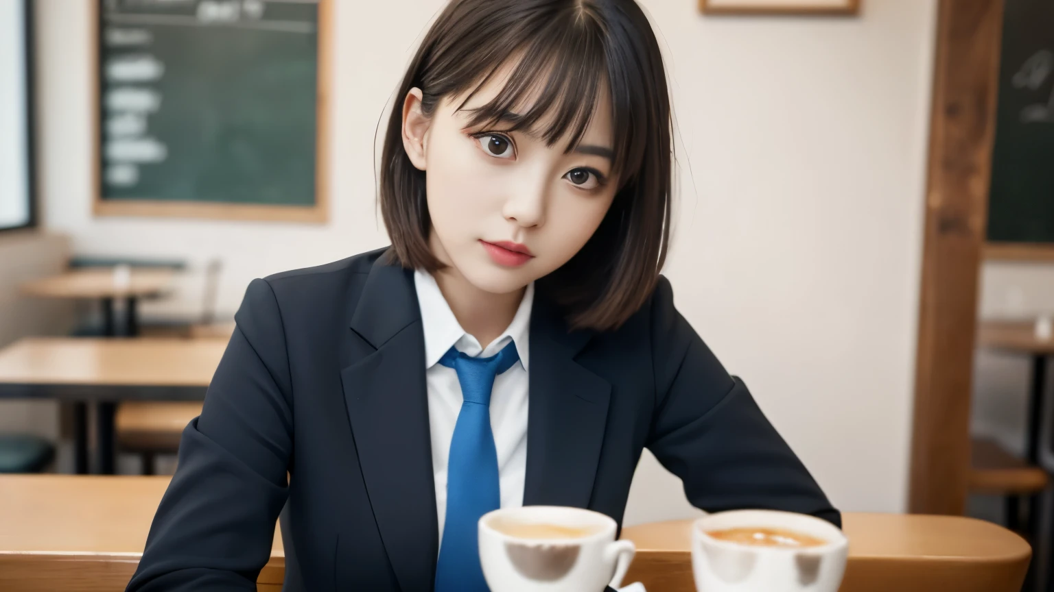 8K, highest quality, real image, intricate details, Super detailed, ultra high resolution, depth field,(realistic,realistic:1.2),table top , front shot , Photographed at a stylish cafe , girl, とても美しい17歳のgirl, innocent big eyes,、highly detailed eyes:1.2)、bangs、short hair, perfect skin, Fair skin, tight waist, light blush, look at the viewer,((School_uniform),(blazer), (white shirt、wear a tie), (gray pleated skirt), (sculpture installation :1.1), urban cafe space, Customers enjoying cafe around