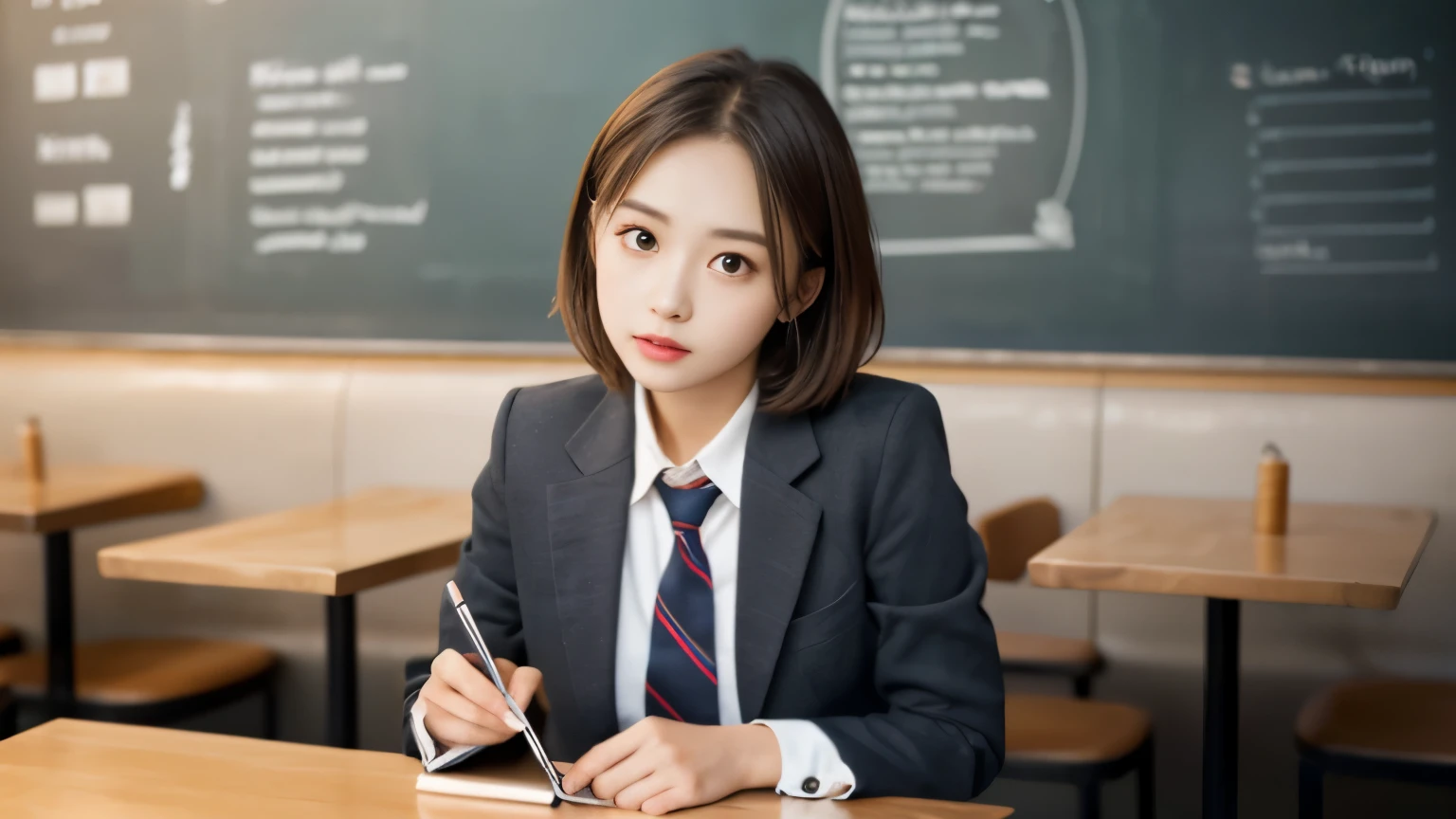 8K, highest quality, real image, intricate details, Super detailed, ultra high resolution, depth field,(realistic,realistic:1.2),table top , front shot , Photographed at a stylish cafe , girl, とても美しい17歳のgirl, innocent big eyes,、highly detailed eyes:1.2)、bangedium short hair, perfect skin, Fair skin, tight waist, light blush, look at the viewer,((School_uniform),(blazer), (white shirt、wear a tie), (gray pleated skirt), (sculpture installation :1.1), urban cafe space, Customers enjoying cafe around