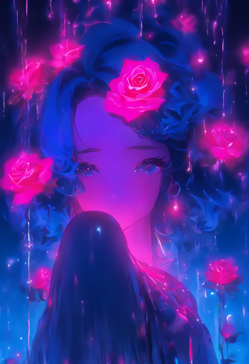(In a glossy darkblue field is a glass red and blue glass-shaped rose)) A fairy ((in tears)) keels by the rose , her Lips in red. Touches the rose, her long red hair has its off ice her legs or covered in glass. Her white crop blouse is painted in purple stains, her pink satin skirt illuminates the dark skies or pink hues