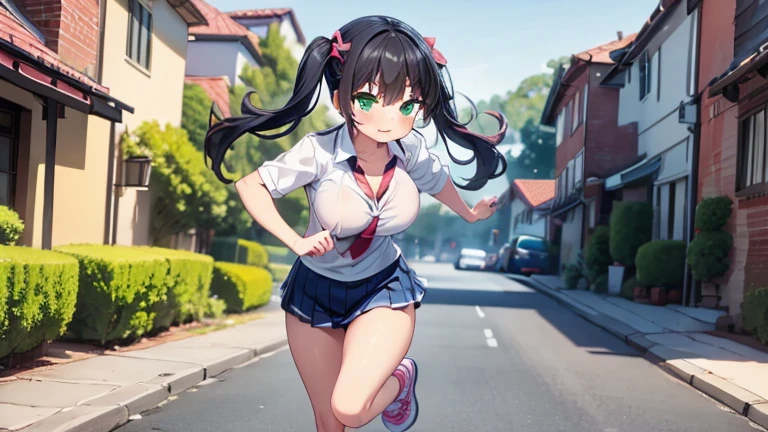 masterpiece,highest quality,wonderful,finely,High resolution,1 girl, big breasts,(girly running:1.3), black hair, glasses, green eyes,twin tails,full body