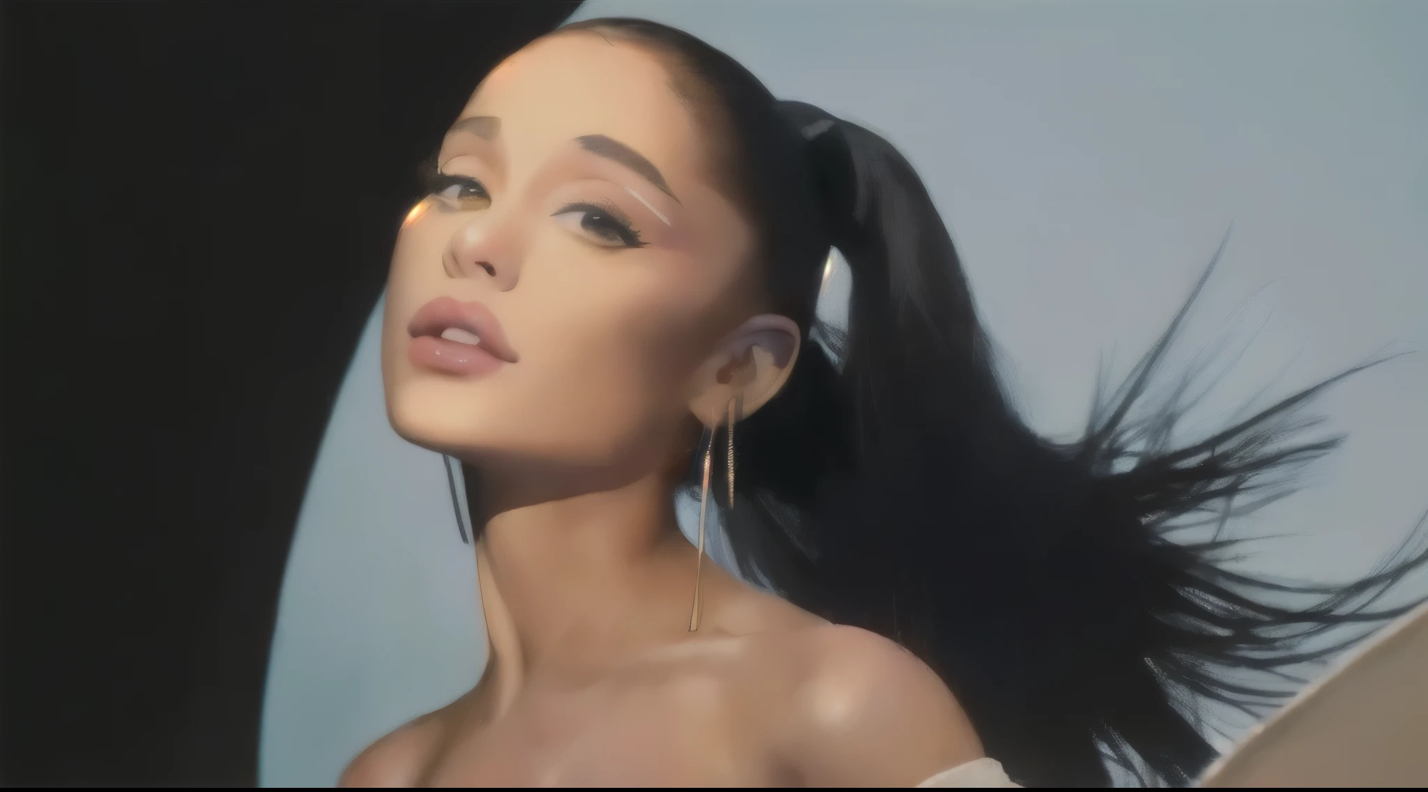um close de uma mulher com cabelos longos e um vestido branco, ariana grande, retrato de ariana grande, fotografia de ariana grande, por Gavin Hamilton, mulher mais linda do mundo, photo shoot for glossy magazine, pintura de ariana grande, ariana grande em guerra nas estrelas, lustroso!!!, ela tem dois rabos de cavalo, Cardi B, beleza de cair o queixo, with very thin lips